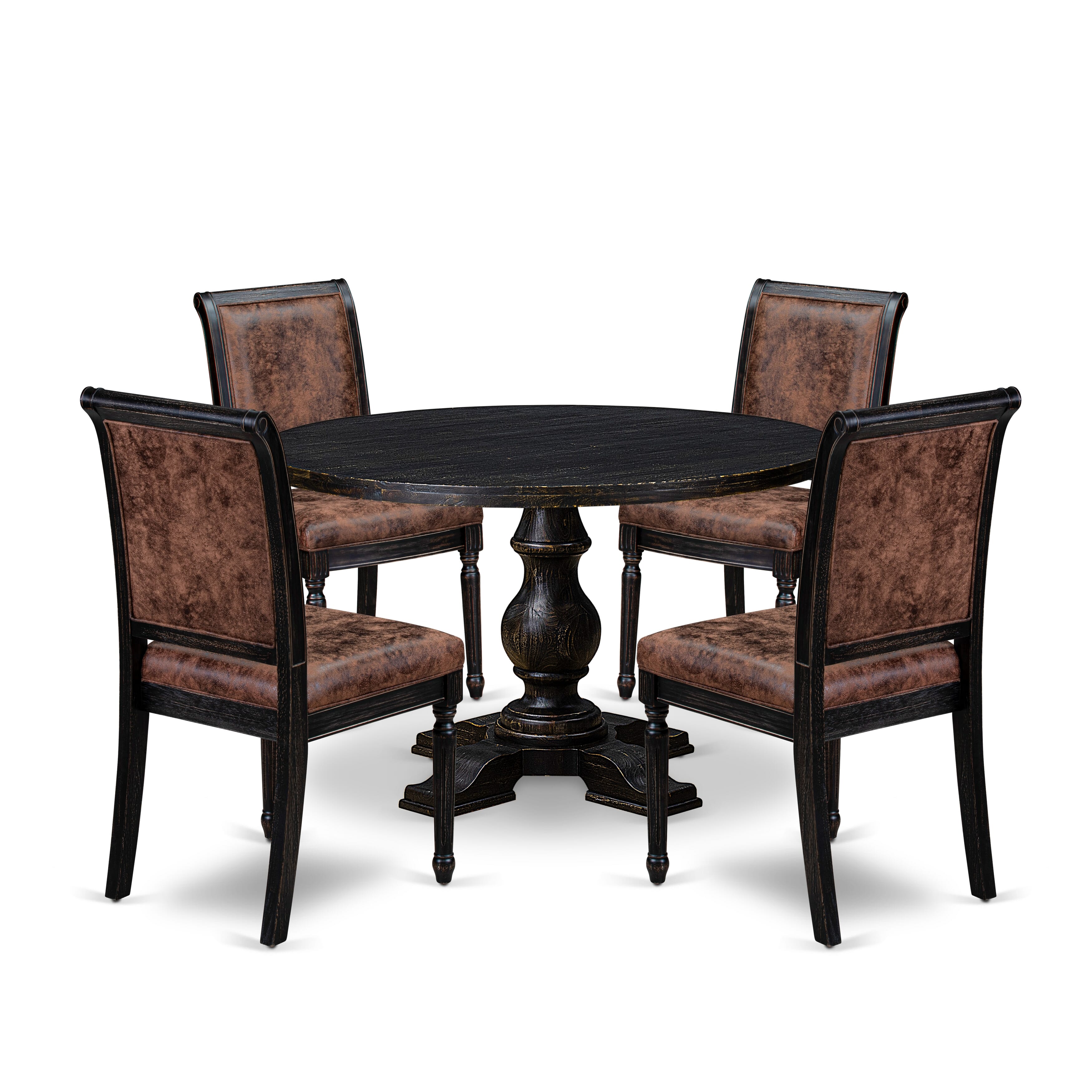 Luxe by East West Furniture I5TY5-411-33 5-Piece Kitchen Set with Polyester 4 Brown Textured dining room chairs, High Back, and A Breakfast Table in Sand Blasting Black Finish.