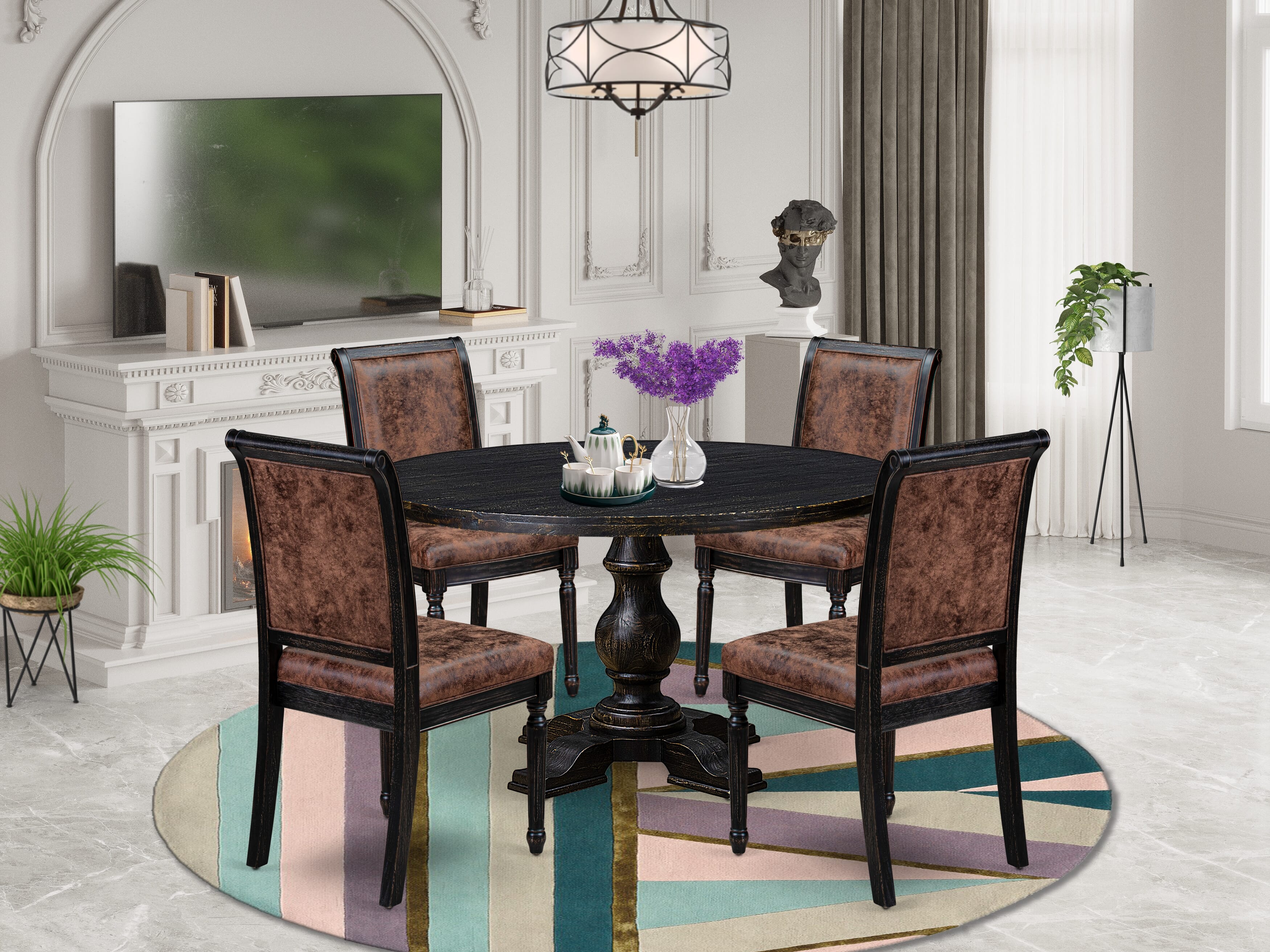 Luxe by East West Furniture I5TY5-511-33 5-Piece Dining Room Set with Polyester 4 Brown Textured kitchen chairs, High Back, and A Modern Table in Sand Blasting Black Finish.