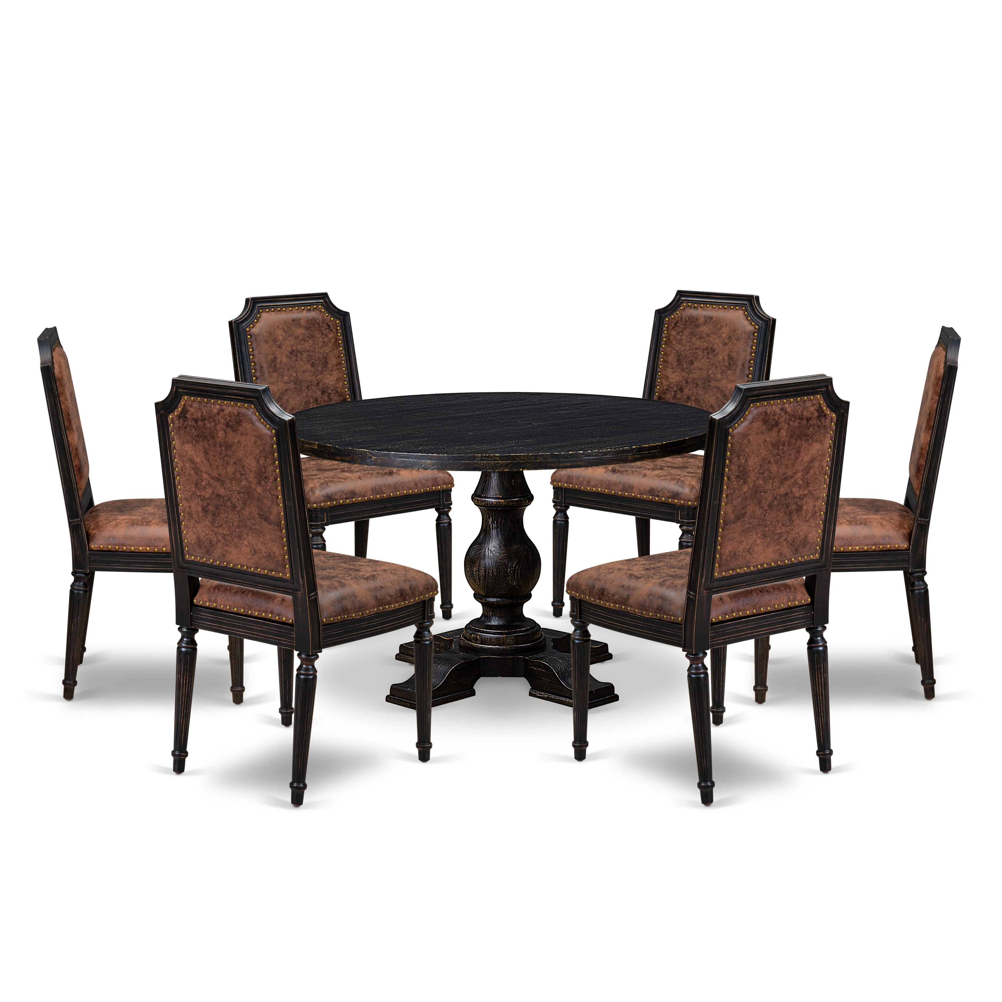 Luxe by East West Furniture I5TY7-411-33 7-piece Modern Dining Set with Polyester 6 Brown Textured Modern chairs, High Back, and A Kitchen Table in Sand Blasting Black Finish.