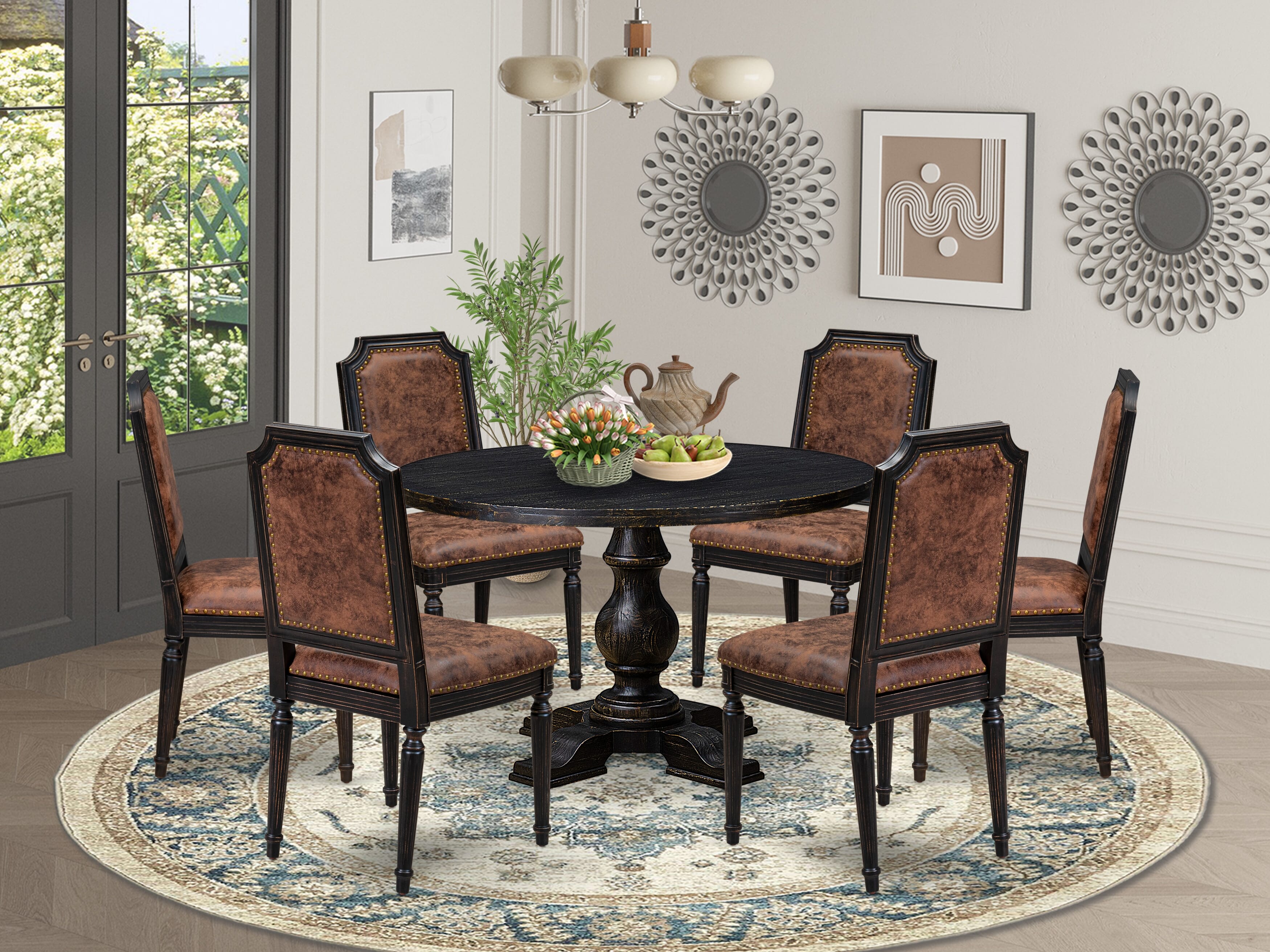 Luxe by East West Furniture I5TY7-411-33 7-piece Modern Dining Set with Polyester 6 Brown Textured Modern chairs, High Back, and A Kitchen Table in Sand Blasting Black Finish.