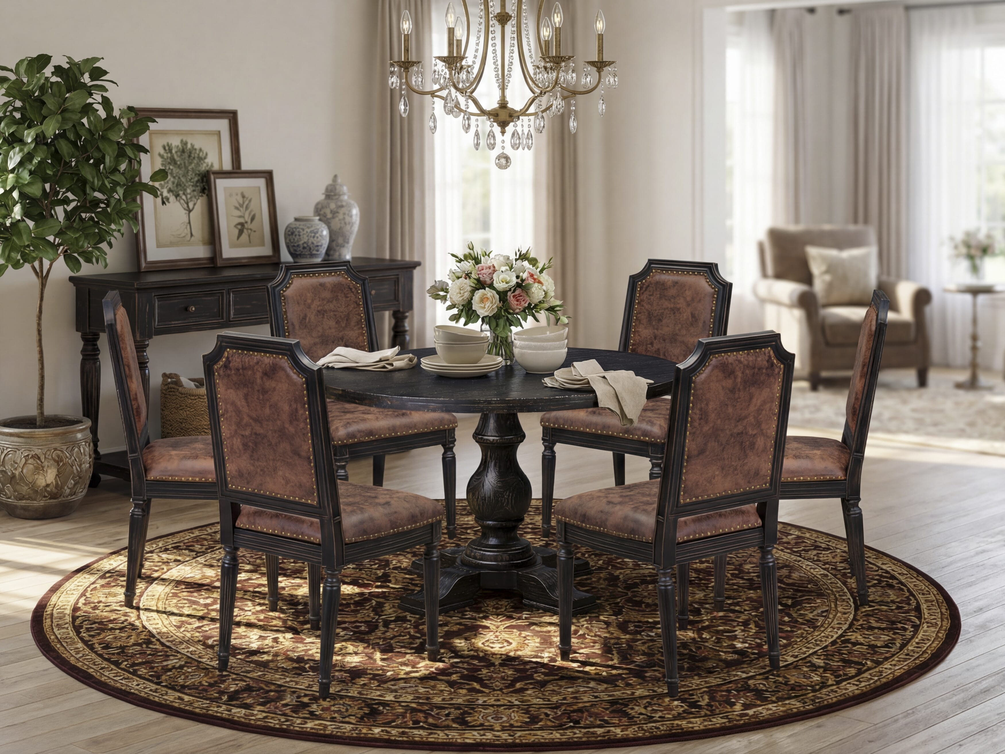 Luxe by East West Furniture I5TY7-411-33 7-piece Modern Dining Set with Polyester 6 Brown Textured Modern chairs, High Back, and A Kitchen Table in Sand Blasting Black Finish.