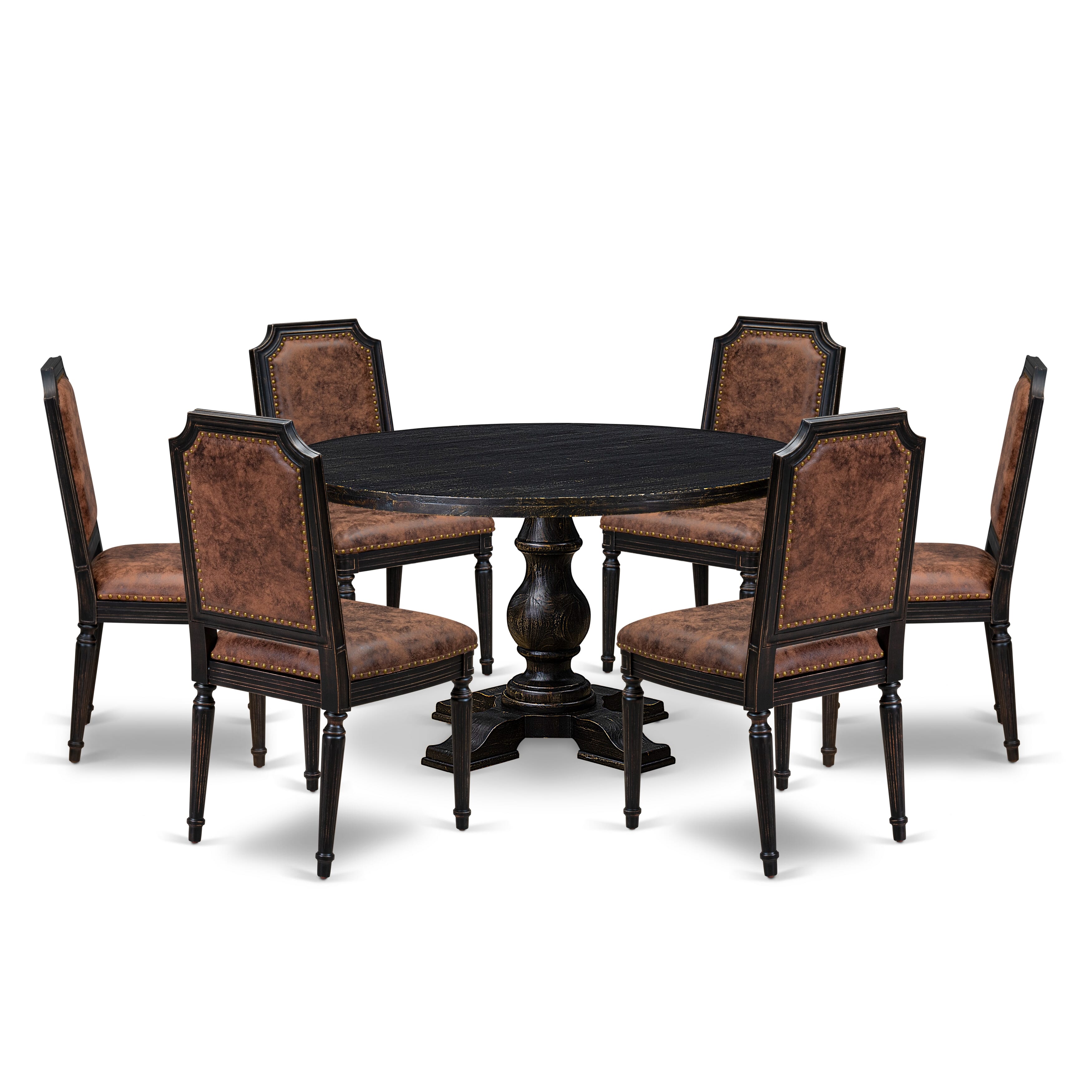 Luxe by East West Furniture I5TY7-511-33 7-piece Dining Set with Polyester 6 Brown Textured Padded chairs, High Back, and A Dining Room Table in Sand Blasting Black Finish.