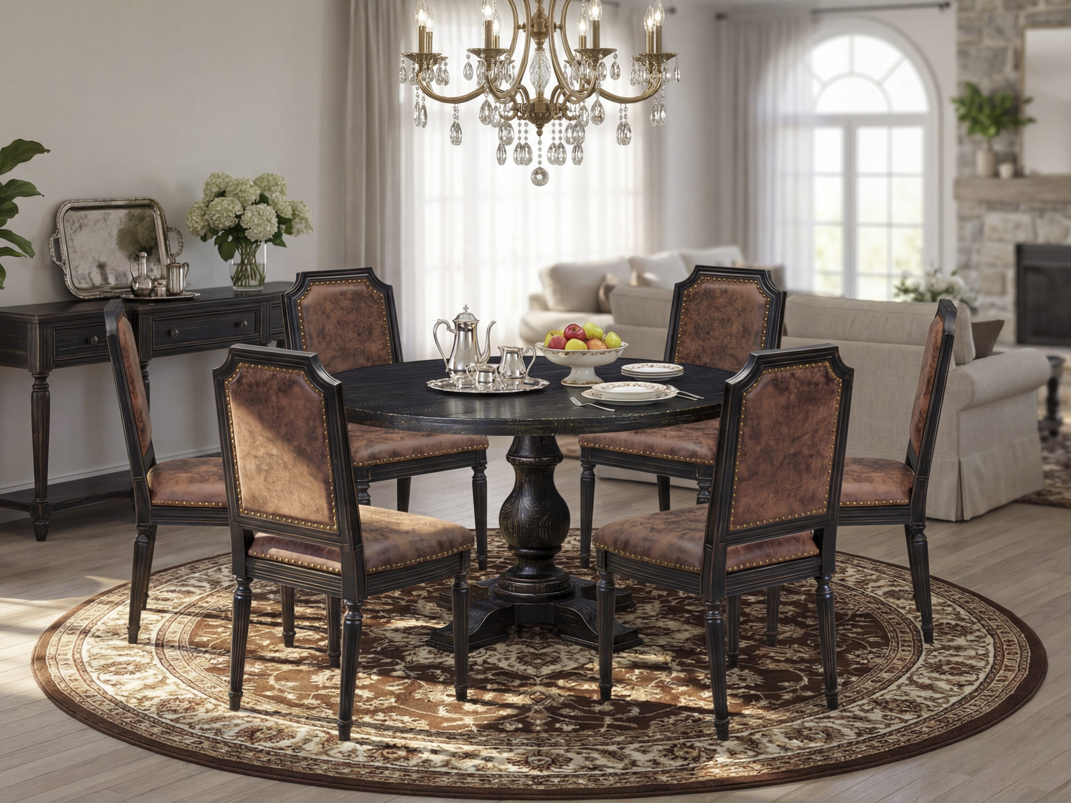 Luxe by East West Furniture I5TY7-511-33 7-piece Dining Set with Polyester 6 Brown Textured Padded chairs, High Back, and A Dining Room Table in Sand Blasting Black Finish.