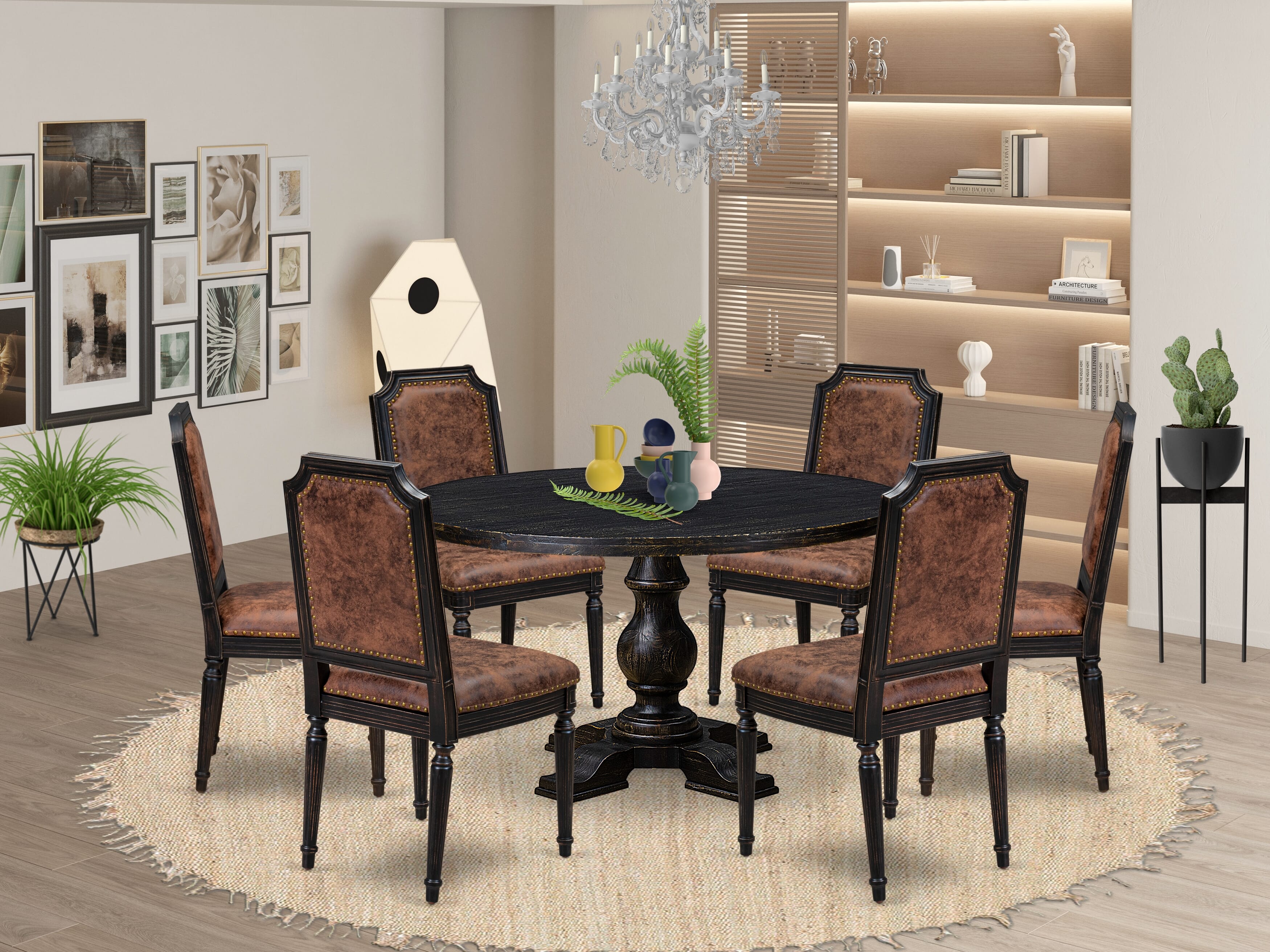 Luxe by East West Furniture I5TY7-511-33 7-piece Dining Set with Polyester 6 Brown Textured Padded chairs, High Back, and A Dining Room Table in Sand Blasting Black Finish.