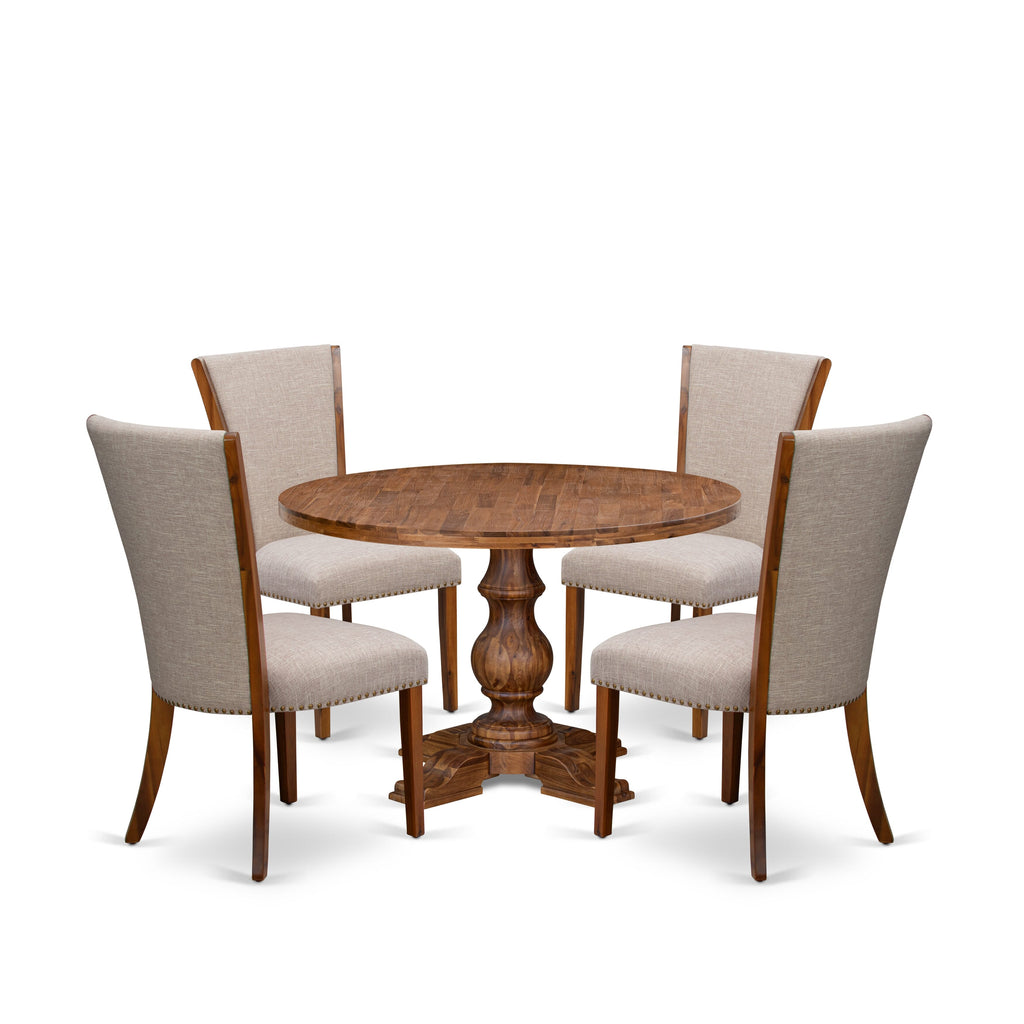 Luxe by East West Furniture I5VE5-40N-04 5 Piece Dining Set Consists of a 48" Round Kitchen Table with Pedestal and 4 Light Tan Linen Fabric Parson Chairs, Antique Walnut