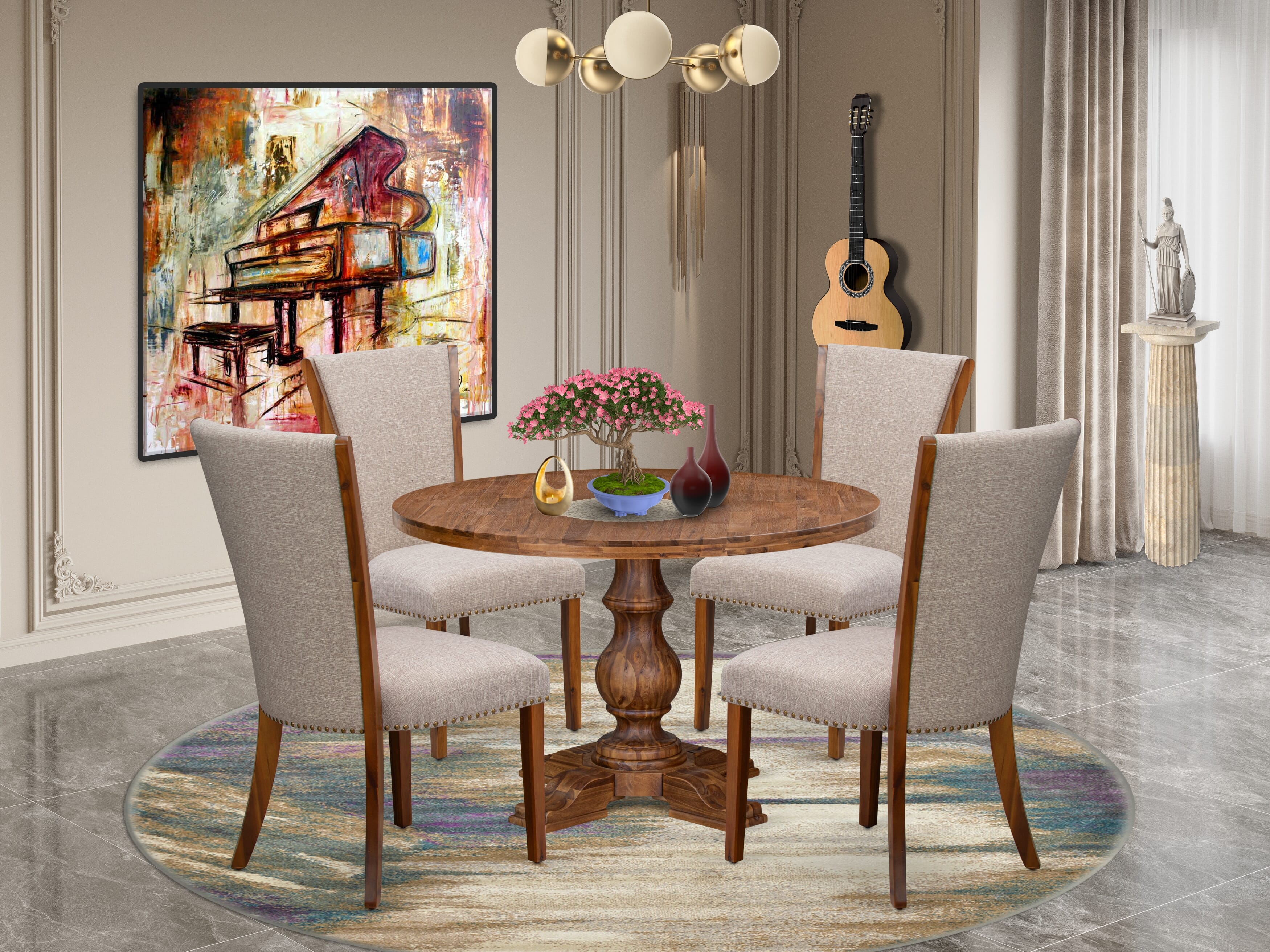 Luxe by East West Furniture I5VE5-40N-04 5 Piece Dining Set Consists of a 48" Round Kitchen Table with Pedestal and 4 Light Tan Linen Fabric Parson Chairs, Antique Walnut