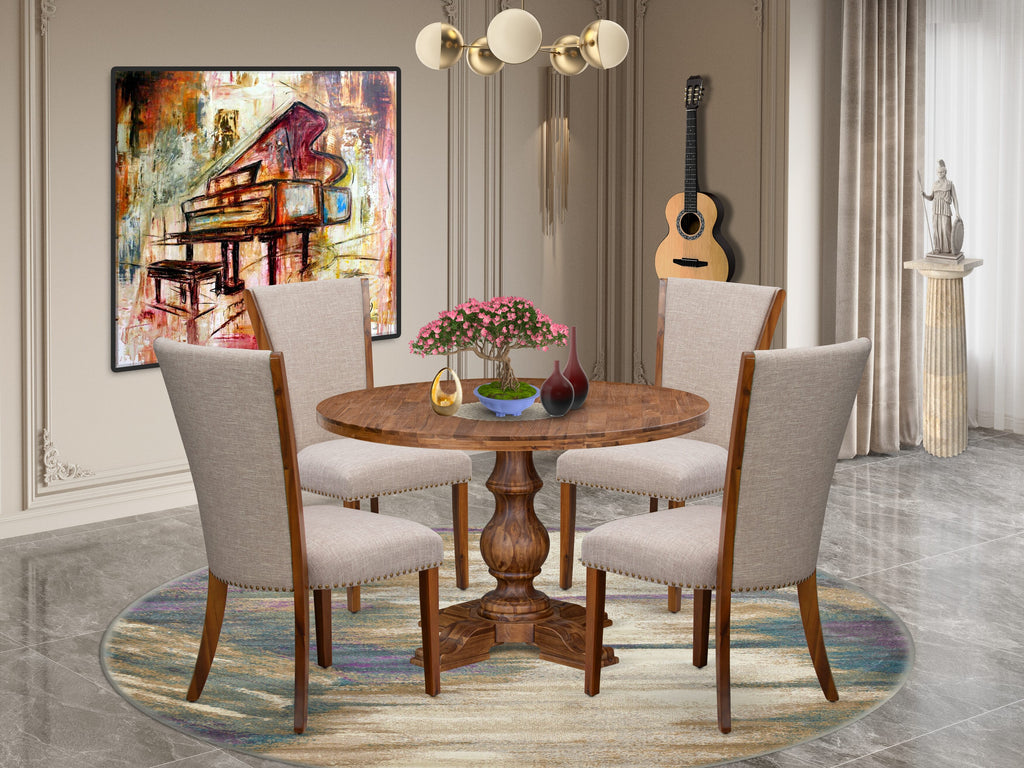 Luxe by East West Furniture I5VE5-40N-04 5 Piece Dining Set Consists of a 48" Round Kitchen Table with Pedestal and 4 Light Tan Linen Fabric Parson Chairs, Antique Walnut