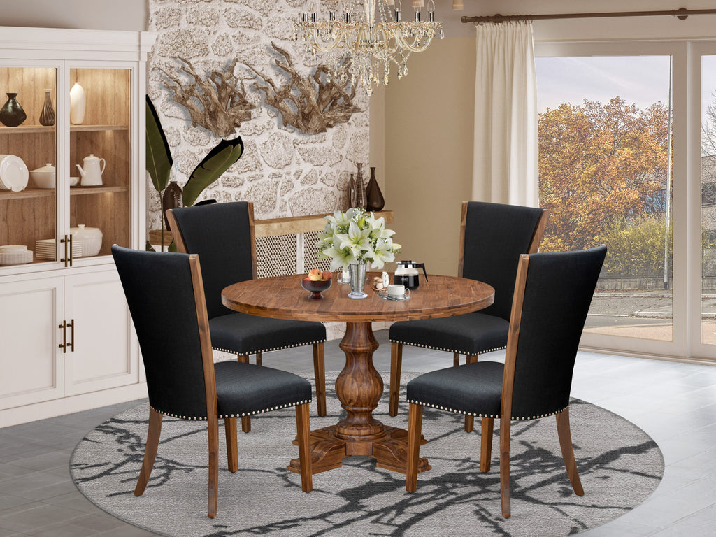 Luxe by East West Furniture I5VE5-40N-24 5 Piece Dining Table Set for 4 Includes a 48" Round Table with Pedestal and 4 Black Linen Fabric Parson Chairs, Antique Walnut