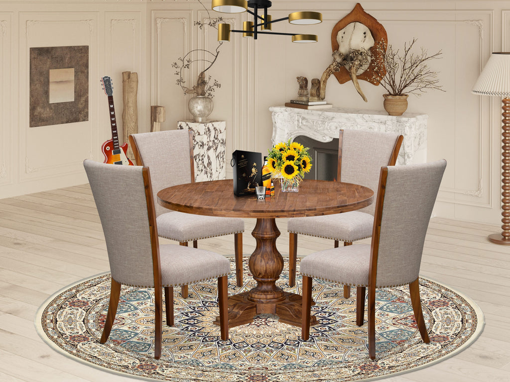 Luxe by East West Furniture I5VE5-50N-04 5 Piece Dining Table Set Contains a 54" Round Table with Pedestal and 4 Light Tan Linen Fabric Padded Chairs, Antique Walnut