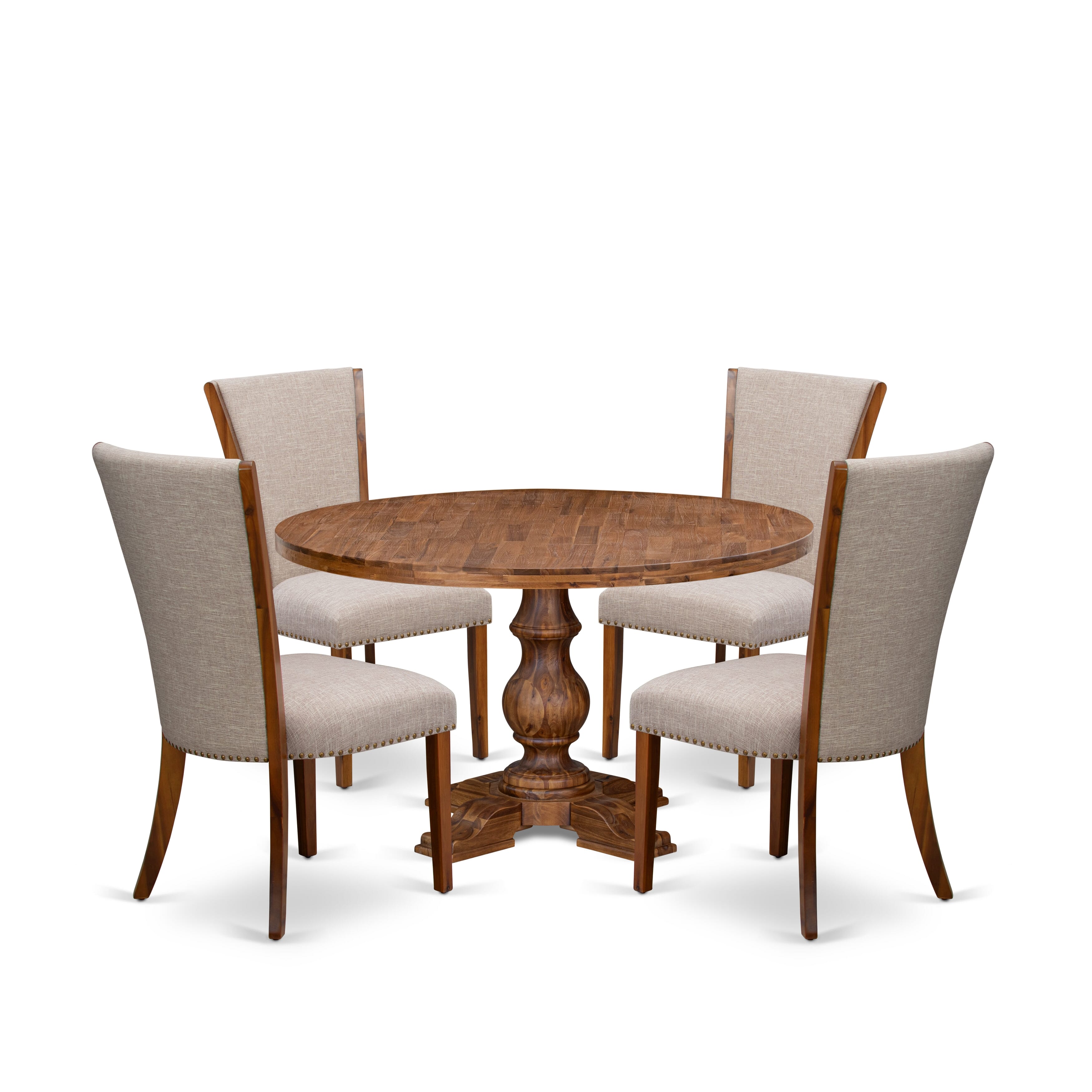 Luxe by East West Furniture I5VE5-50N-04 5 Piece Dining Table Set Contains a 54" Round Table with Pedestal and 4 Light Tan Linen Fabric Padded Chairs, Antique Walnut