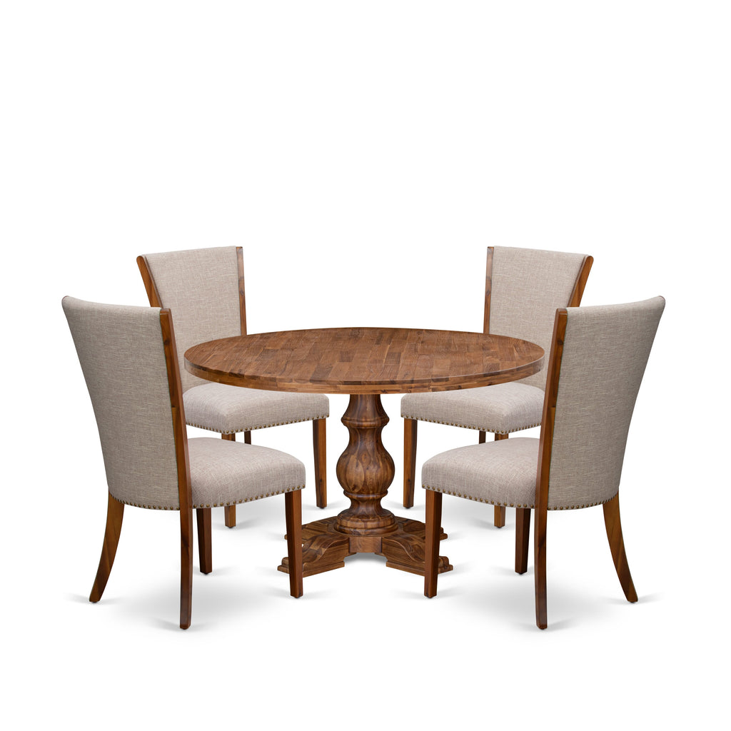 Luxe by East West Furniture I5VE5-50N-04 5 Piece Dining Table Set Contains a 54" Round Table with Pedestal and 4 Light Tan Linen Fabric Padded Chairs, Antique Walnut