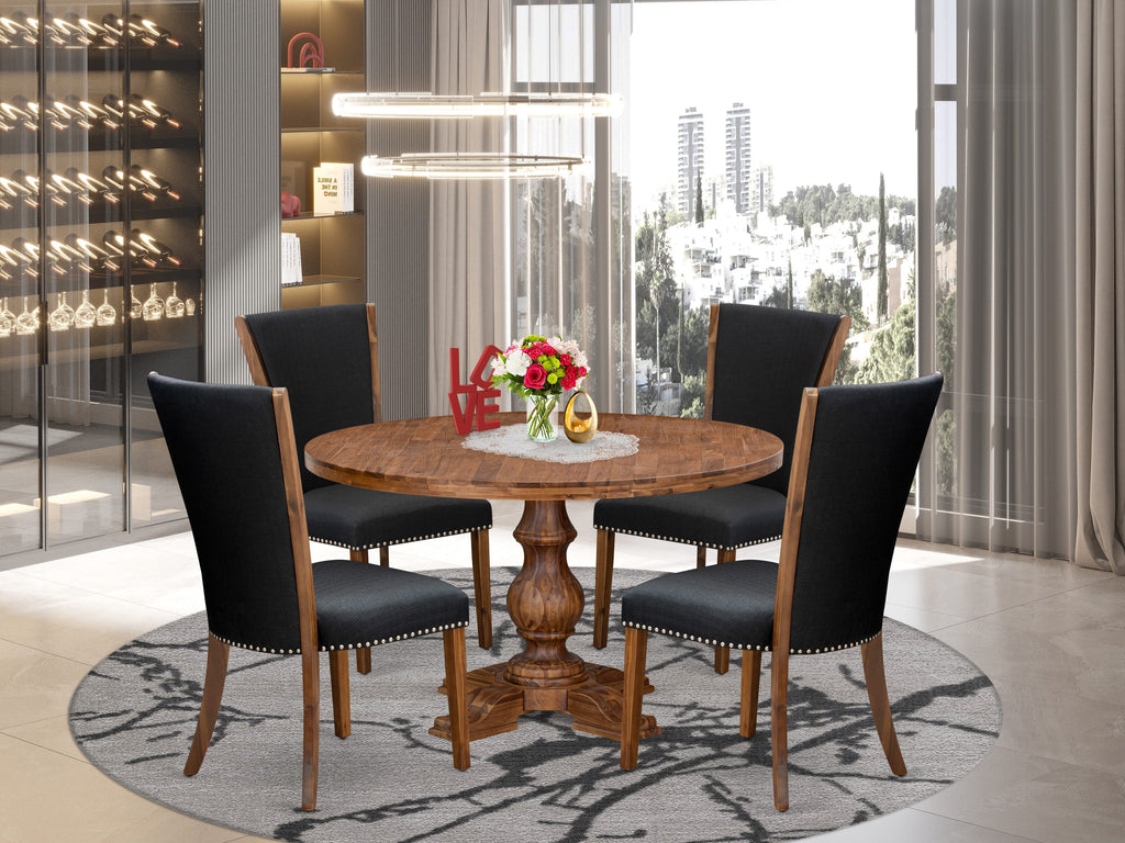 Luxe by East West Furniture I5VE5-50N-24 5 Piece Dining Table Set for 4 Includes a 54" Round Table with Pedestal and 4 Black Linen Fabric Parson Chairs, Antique Walnut