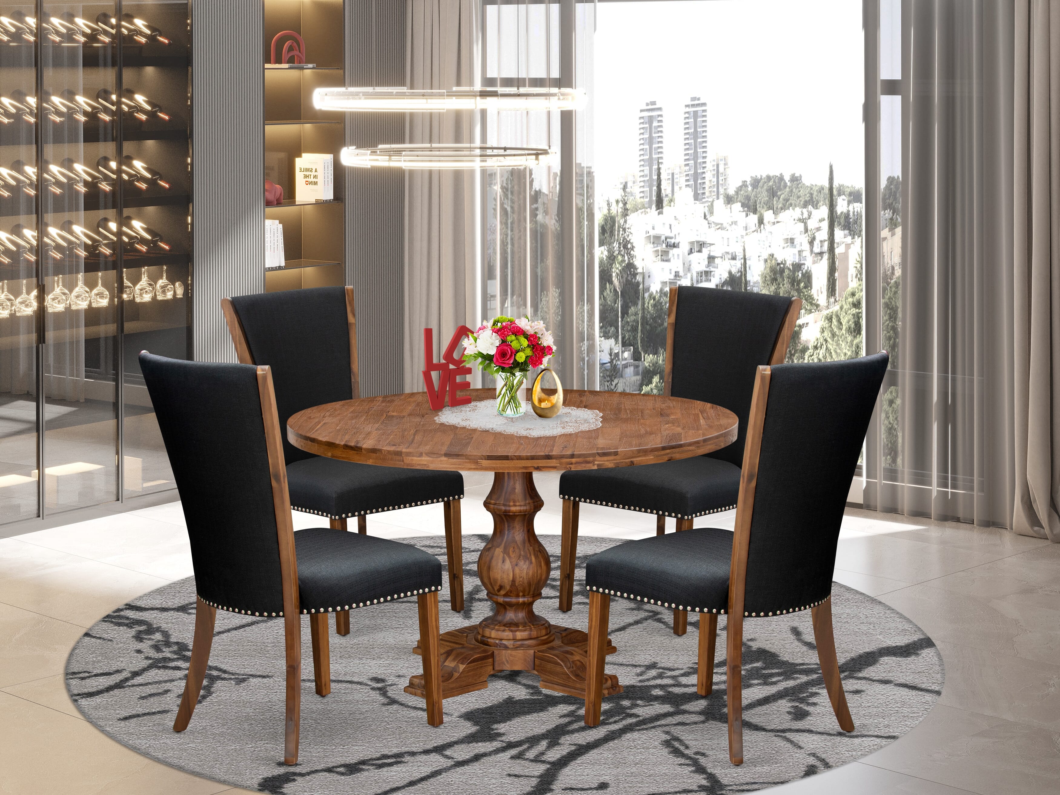 Luxe by East West Furniture I5VE5-50N-24 5 Piece Dining Table Set for 4 Includes a 54" Round Table with Pedestal and 4 Black Linen Fabric Parson Chairs, Antique Walnut