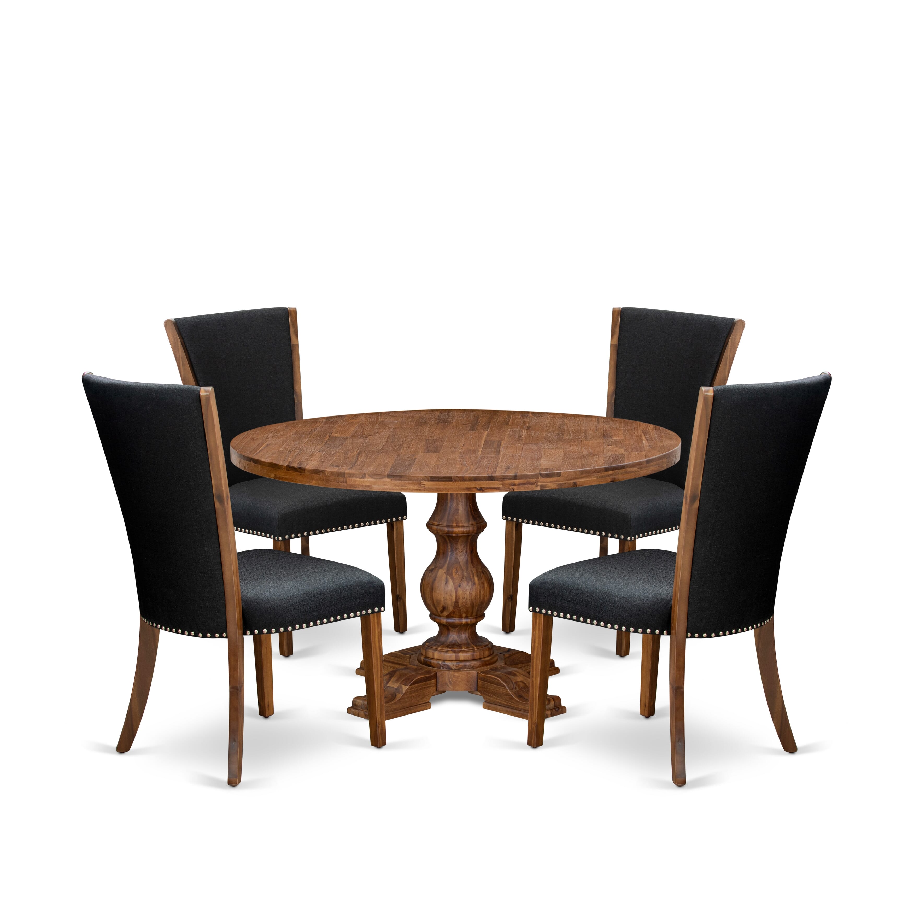Luxe by East West Furniture I5VE5-50N-24 5 Piece Dining Table Set for 4 Includes a 54" Round Table with Pedestal and 4 Black Linen Fabric Parson Chairs, Antique Walnut