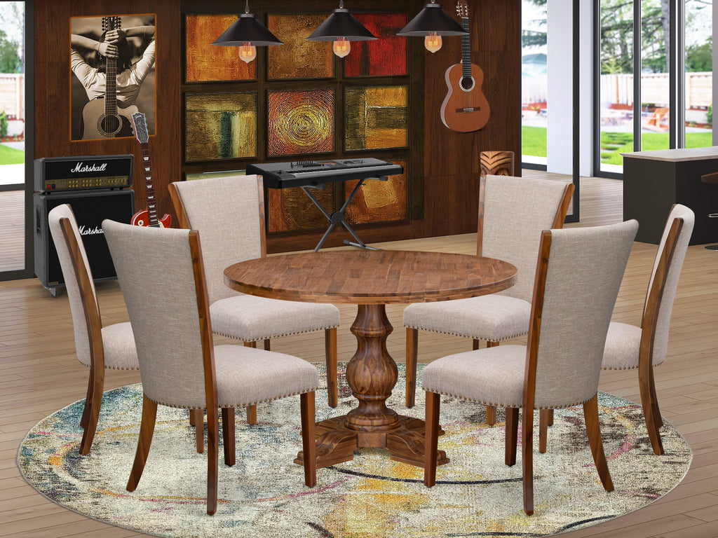 Luxe by East West Furniture I5VE7-40N-04 7 Piece Kitchen Table Set Contains a 48" Round Table with Pedestal and 6 Light Tan Linen Fabric Parson Chairs, Antique Walnut