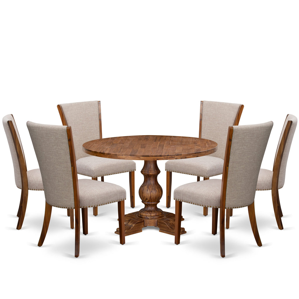 Luxe by East West Furniture I5VE7-40N-04 7 Piece Kitchen Table Set Contains a 48" Round Table with Pedestal and 6 Light Tan Linen Fabric Parson Chairs, Antique Walnut