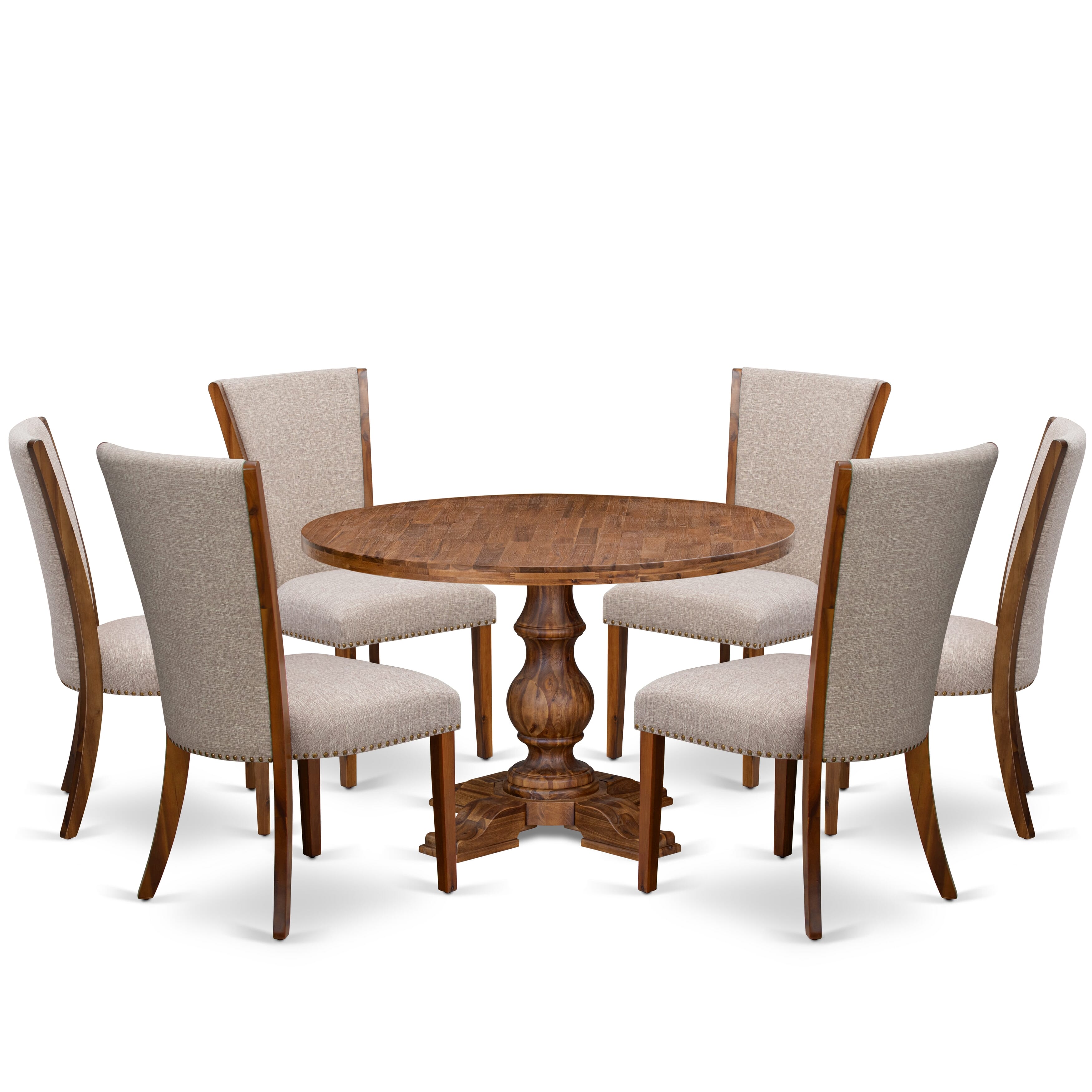 Luxe by East West Furniture I5VE7-40N-04 7 Piece Kitchen Table Set Contains a 48" Round Table with Pedestal and 6 Light Tan Linen Fabric Parson Chairs, Antique Walnut