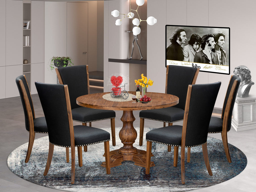 Luxe by East West Furniture I5VE7-40N-24 7 Piece Kitchen Table Set Includes a 48" Round Table with Pedestal and 6 Black Linen Fabric Upholstered Chairs, Antique Walnut