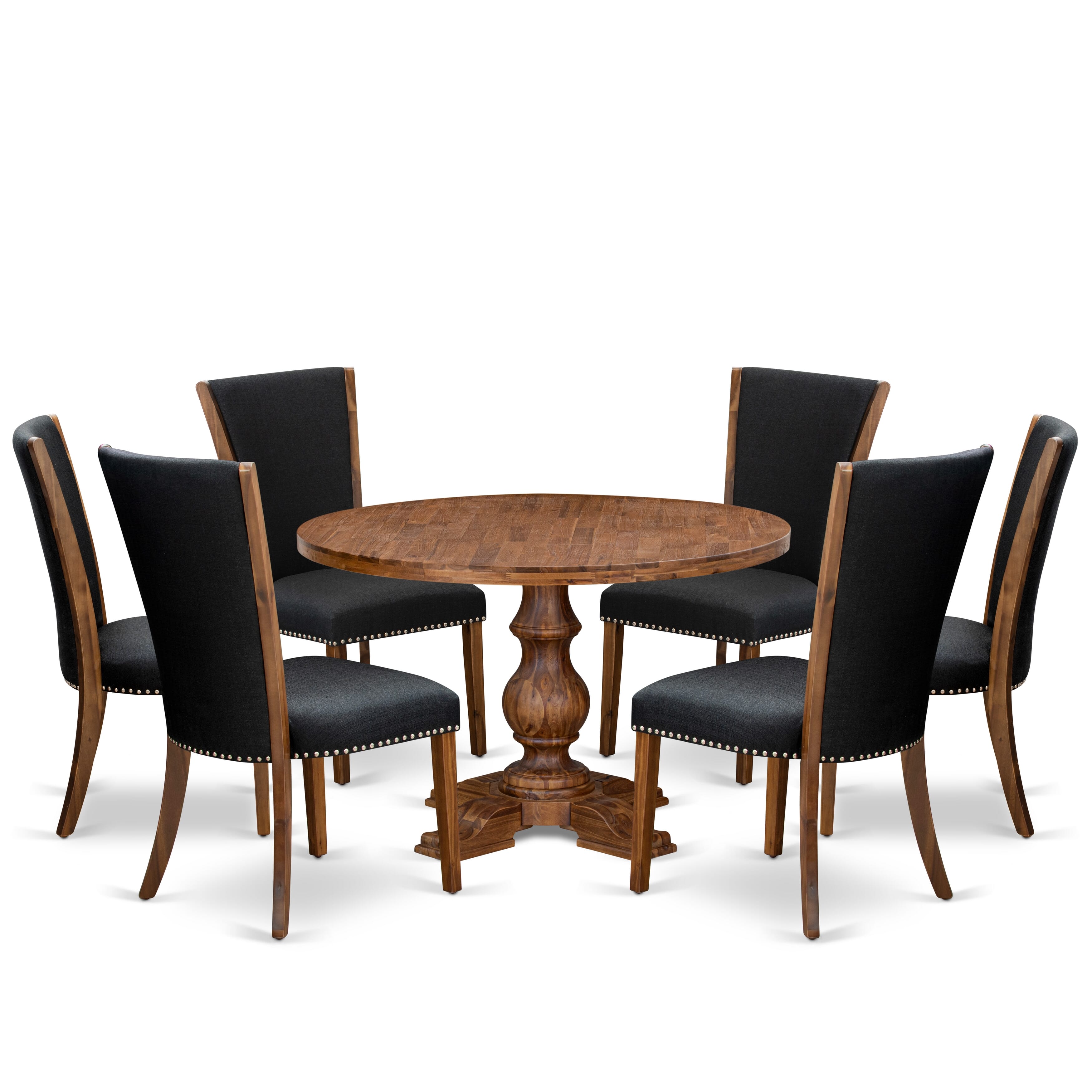 Luxe by East West Furniture I5VE7-40N-24 7 Piece Kitchen Table Set Includes a 48" Round Table with Pedestal and 6 Black Linen Fabric Upholstered Chairs, Antique Walnut