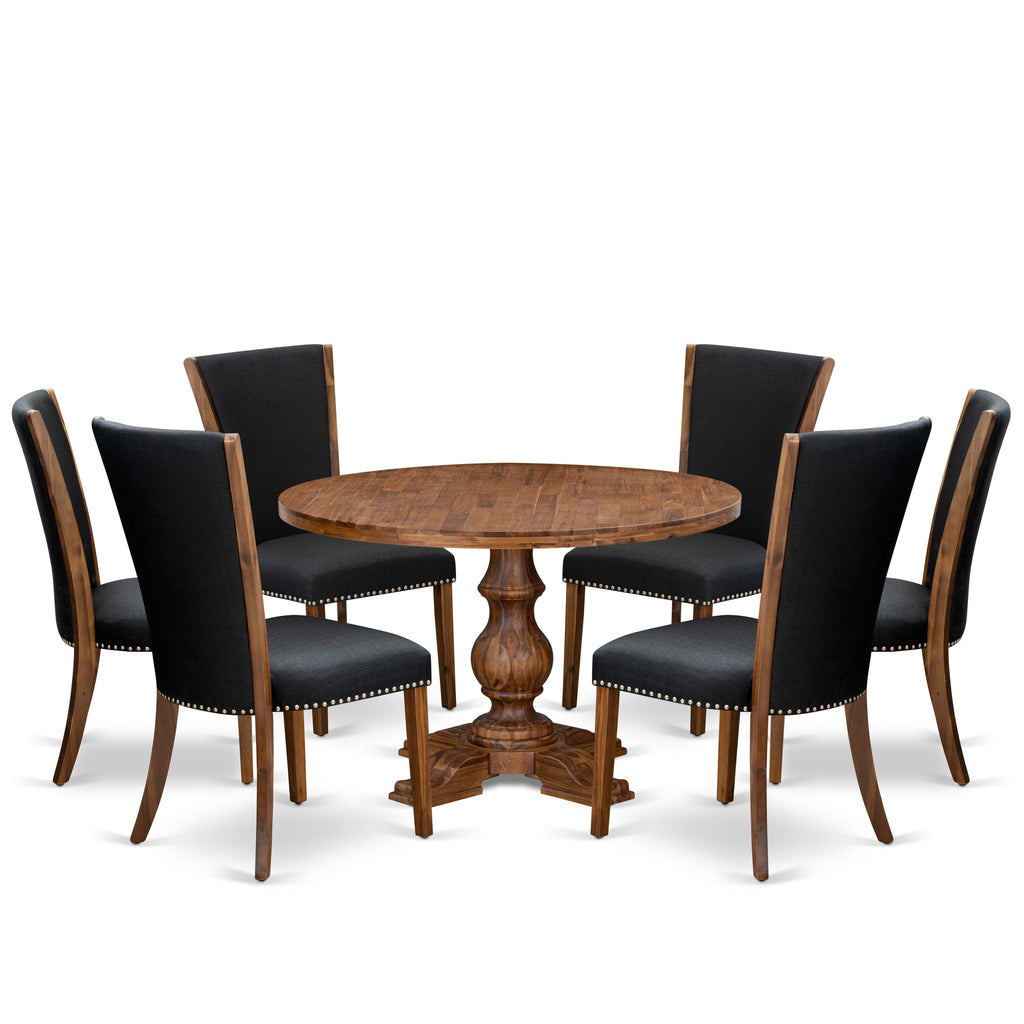 Luxe by East West Furniture I5VE7-40N-24 7 Piece Kitchen Table Set Includes a 48" Round Table with Pedestal and 6 Black Linen Fabric Upholstered Chairs, Antique Walnut