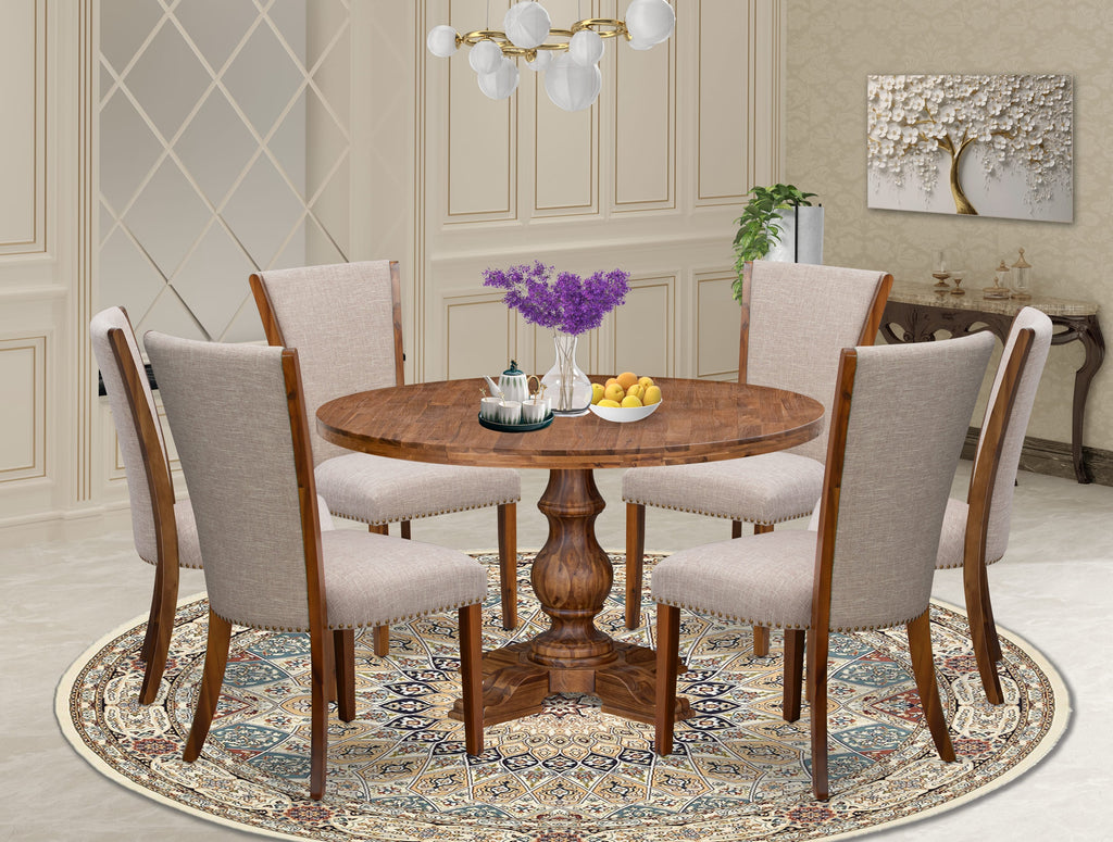 Luxe by East West Furniture I5VE7-50N-04 7 Piece Dining Set Includes a 54" Round Table with Pedestal and 6 Light Tan Linen Fabric Upholstered Chairs, Antique Walnut