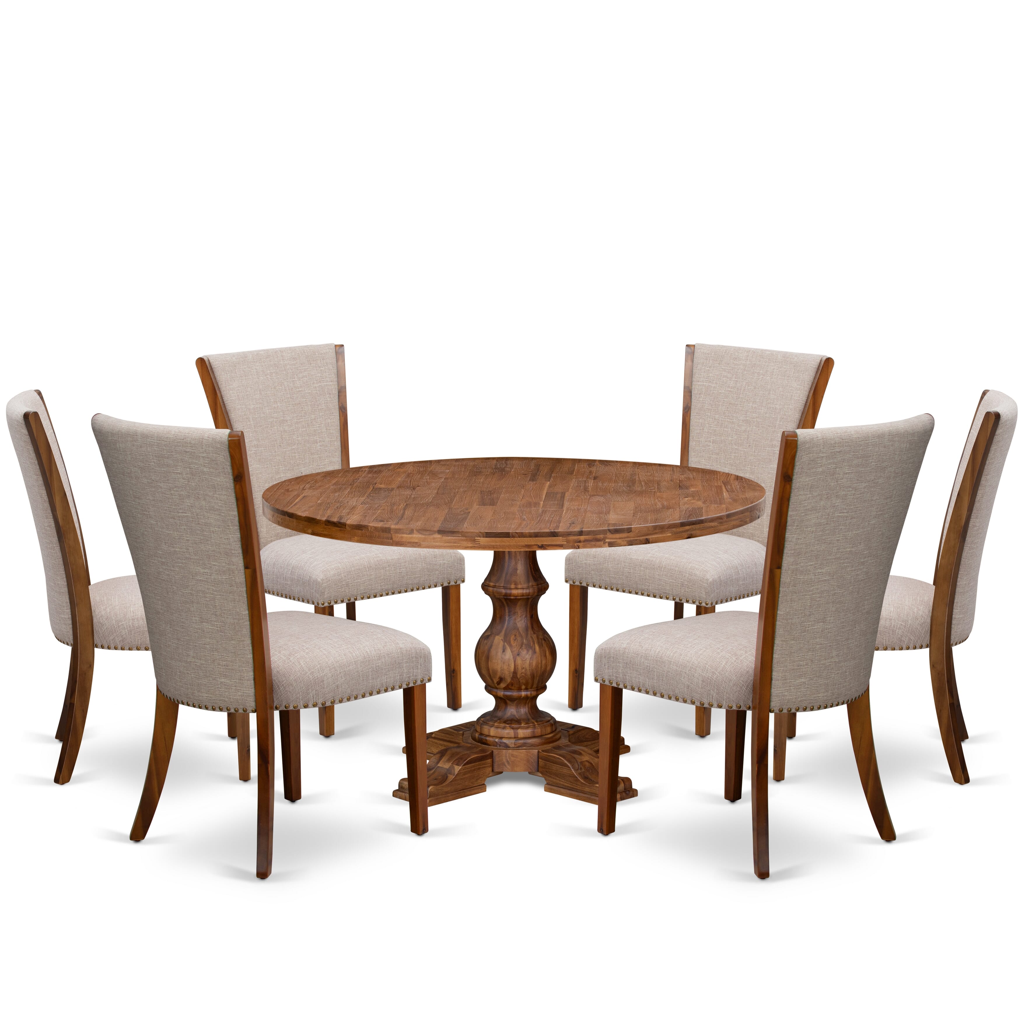 Luxe by East West Furniture I5VE7-50N-04 7 Piece Dining Set Includes a 54" Round Table with Pedestal and 6 Light Tan Linen Fabric Upholstered Chairs, Antique Walnut