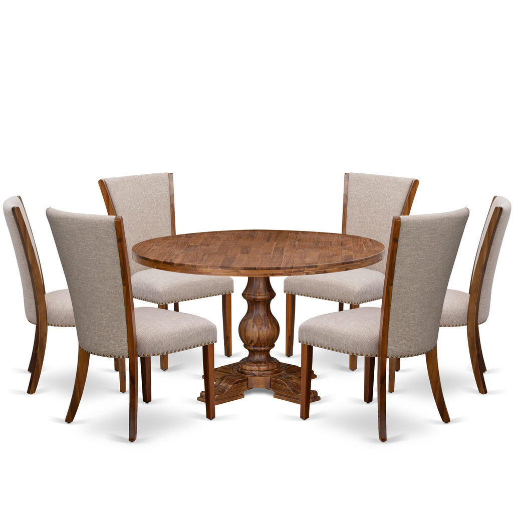 Luxe by East West Furniture I5VE7-50N-04 7 Piece Dining Set Includes a 54" Round Table with Pedestal and 6 Light Tan Linen Fabric Upholstered Chairs, Antique Walnut