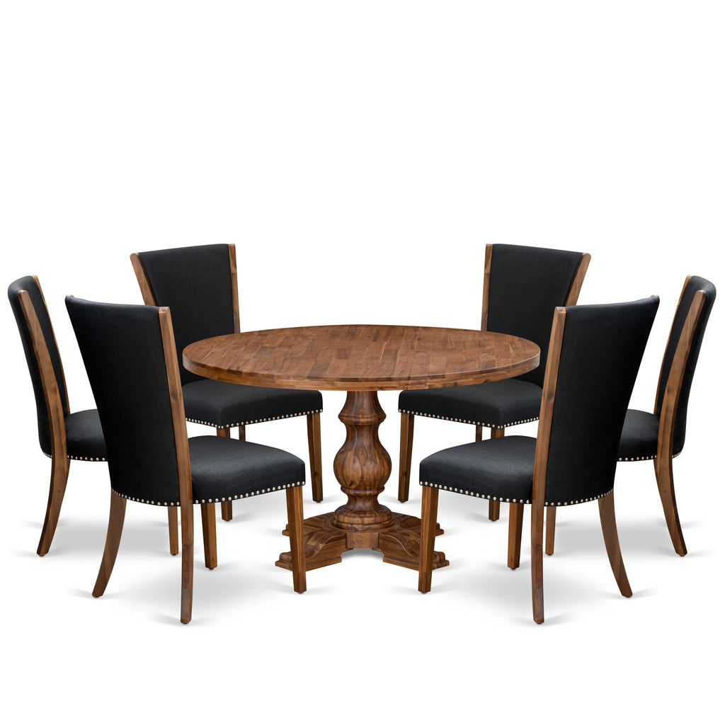 Luxe by East West Furniture I5VE7-50N-24 7 Piece Dining Set Consists of a 54" Round Kitchen Table with Pedestal and 6 Black Linen Fabric Padded Chairs, Antique Walnut