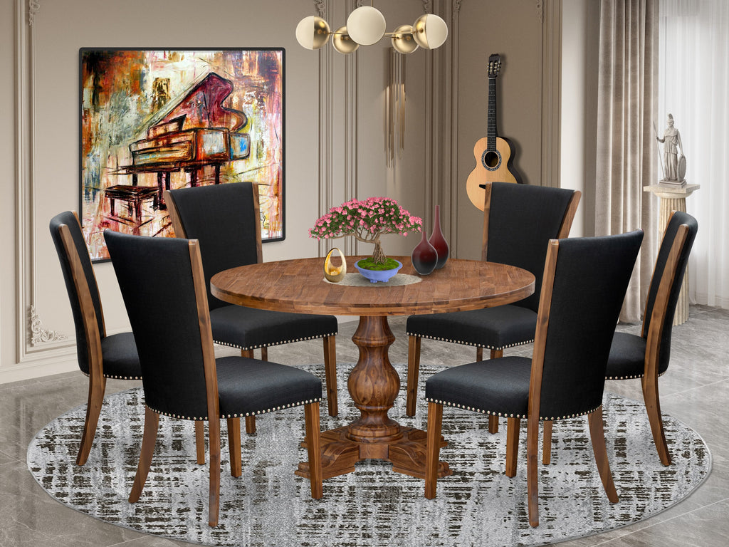 Luxe by East West Furniture I5VE7-50N-24 7 Piece Dining Set Consists of a 54" Round Kitchen Table with Pedestal and 6 Black Linen Fabric Padded Chairs, Antique Walnut