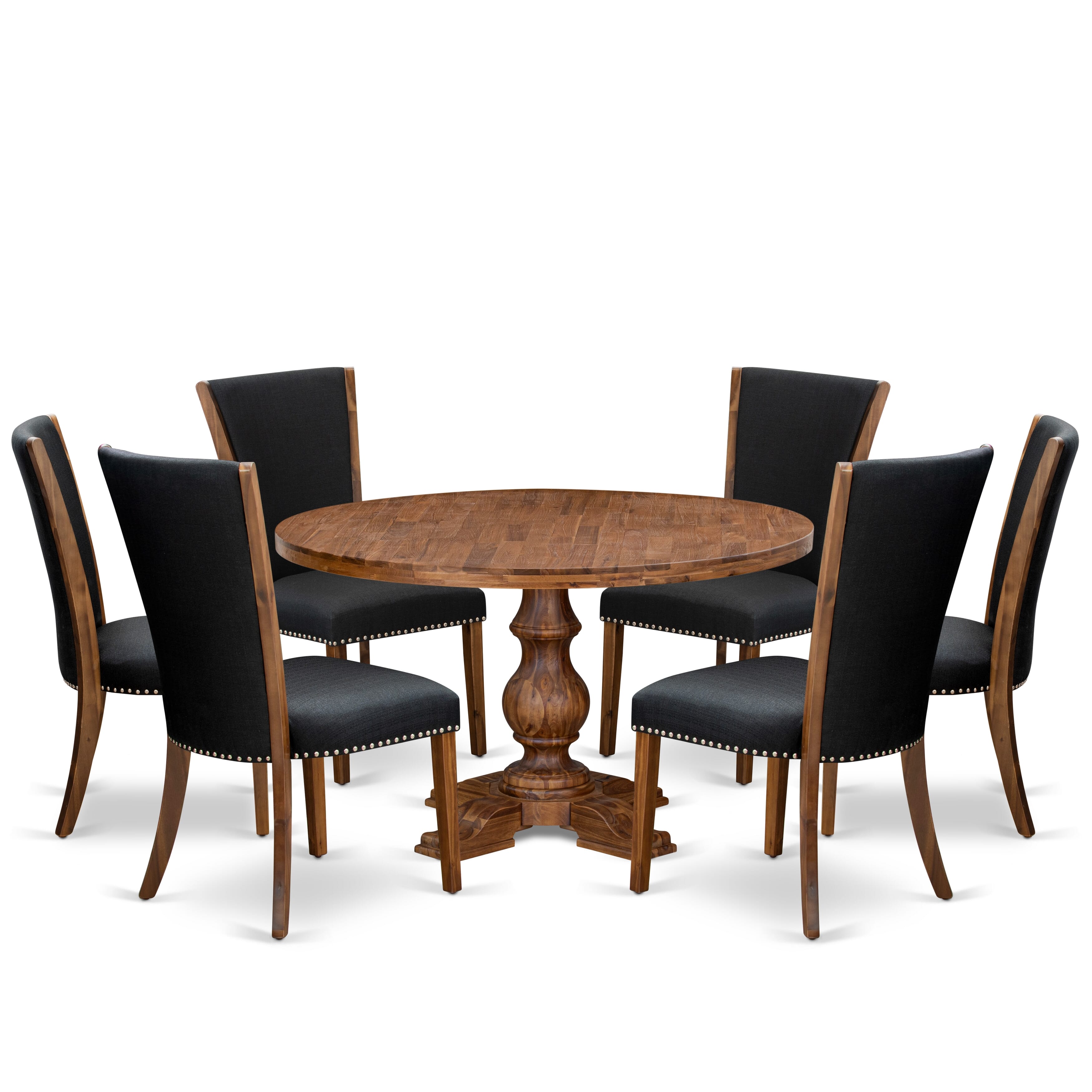Luxe by East West Furniture I5VE7-50N-24 7 Piece Dining Set Consists of a 54" Round Kitchen Table with Pedestal and 6 Black Linen Fabric Padded Chairs, Antique Walnut