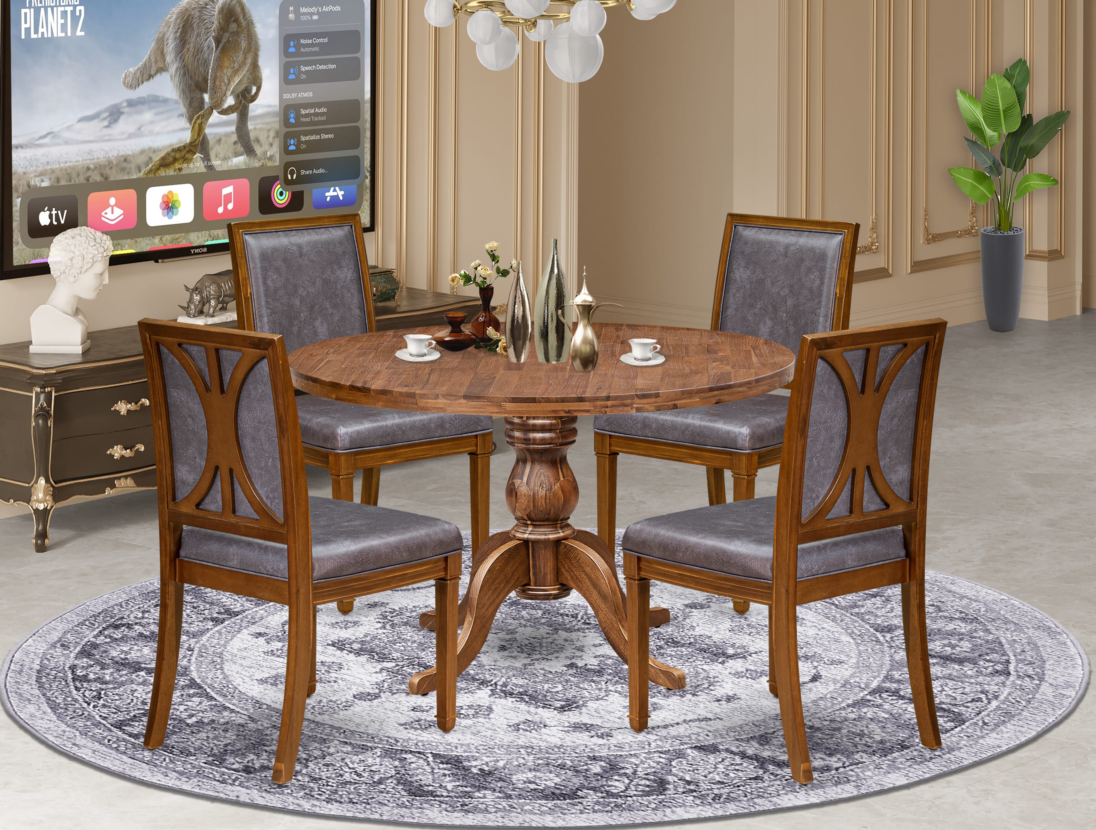 Luxe by East West Furniture I6AM5-40N-34 5-Piece Modern Dining Set includes a round table top with a stylish pedestal and 4 Pu leather Dark Gray Kitchen chairs with high backs - Antique Walnut
