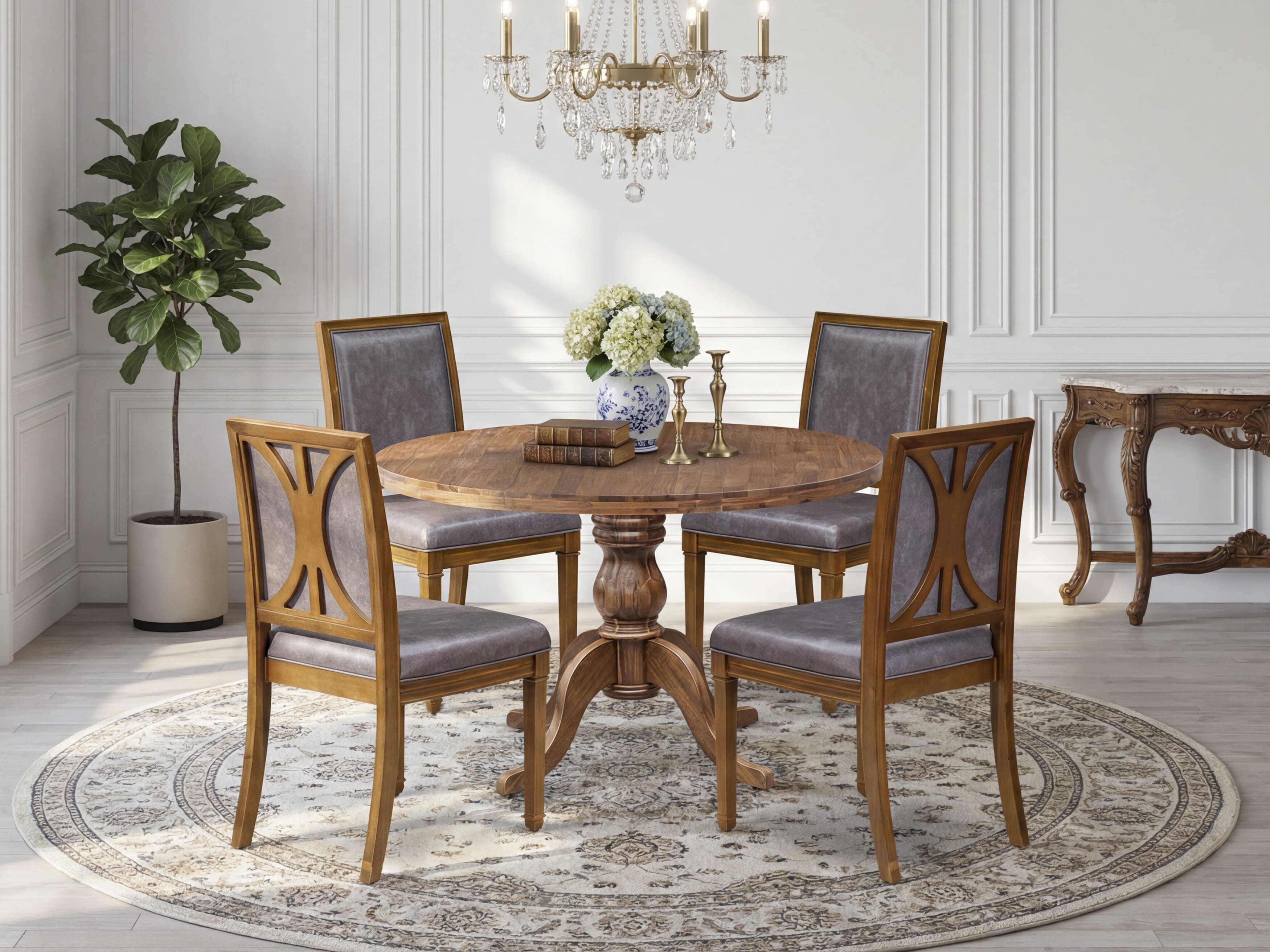 Luxe by East West Furniture I6AM5-40N-34 5-Piece Modern Dining Set includes a round table top with a stylish pedestal and 4 Pu leather Dark Gray Kitchen chairs with high backs - Antique Walnut