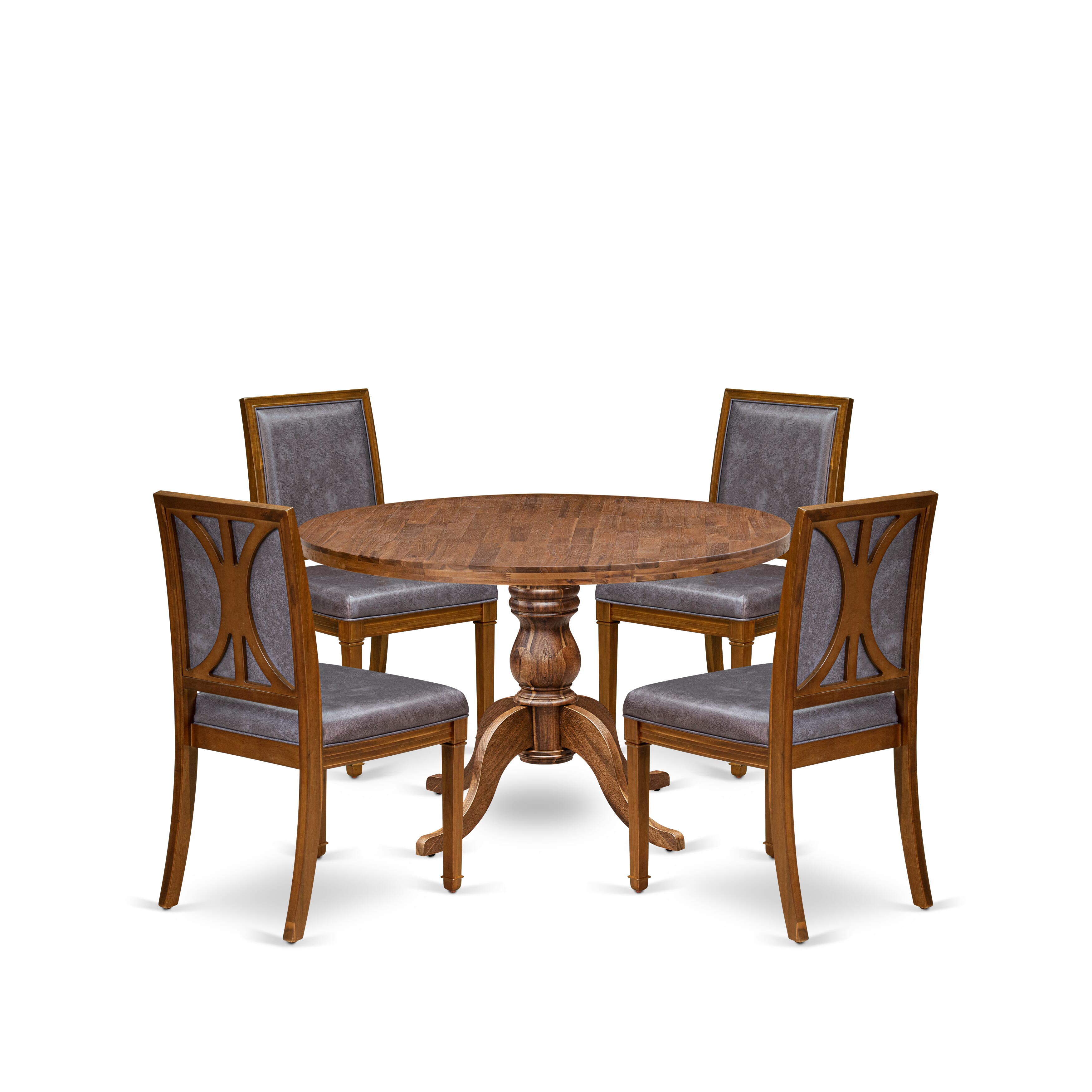 Luxe by East West Furniture I6AM5-40N-34 5-Piece Modern Dining Set includes a round table top with a stylish pedestal and 4 Pu leather Dark Gray Kitchen chairs with high backs - Antique Walnut