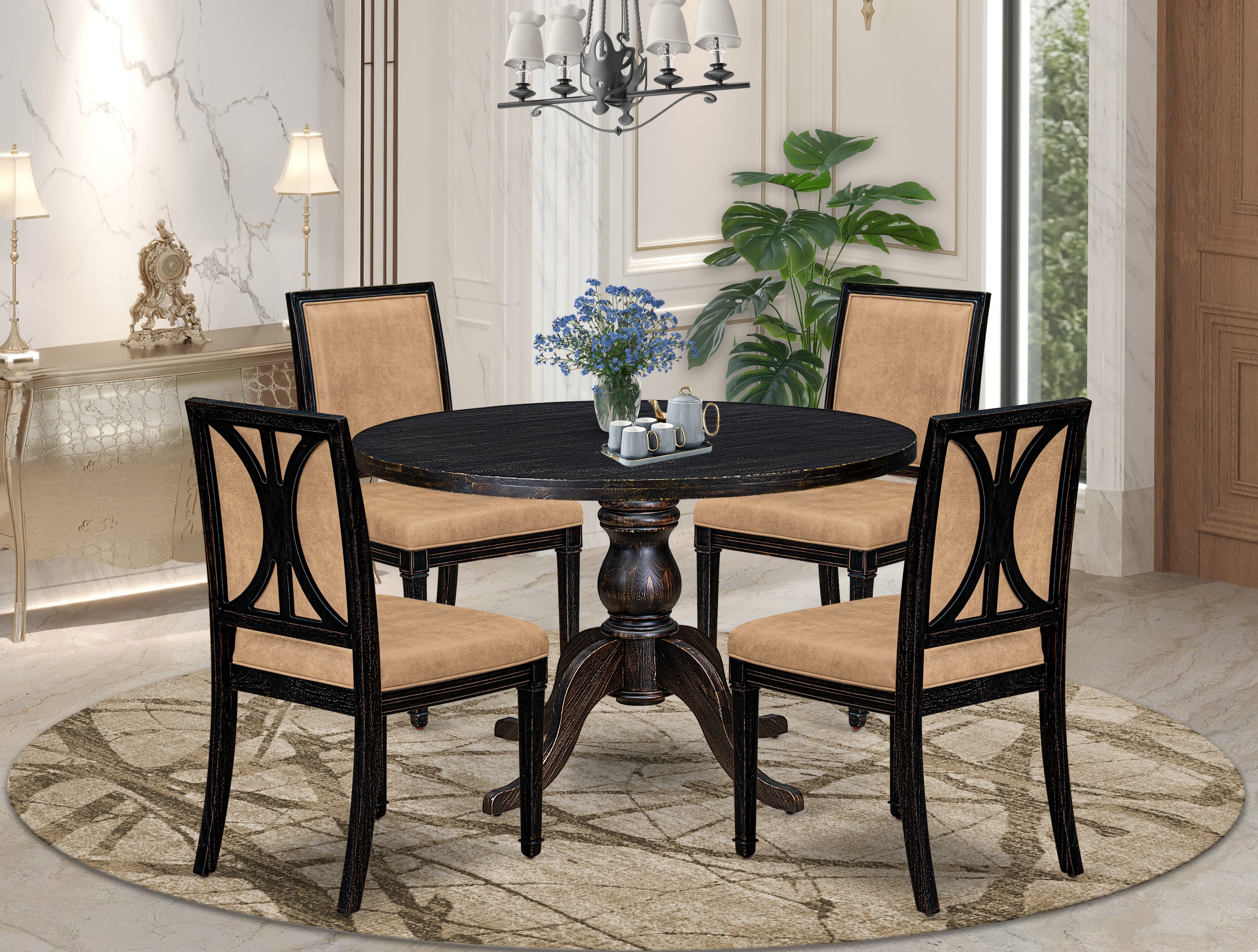 Luxe by East West Furniture I6AM5-411-28 5-Piece Kitchen Table Set with Polyester 4 Beige upholstered chairs, High Back, and A Wooden Table in Sand Blasting Black Finish.