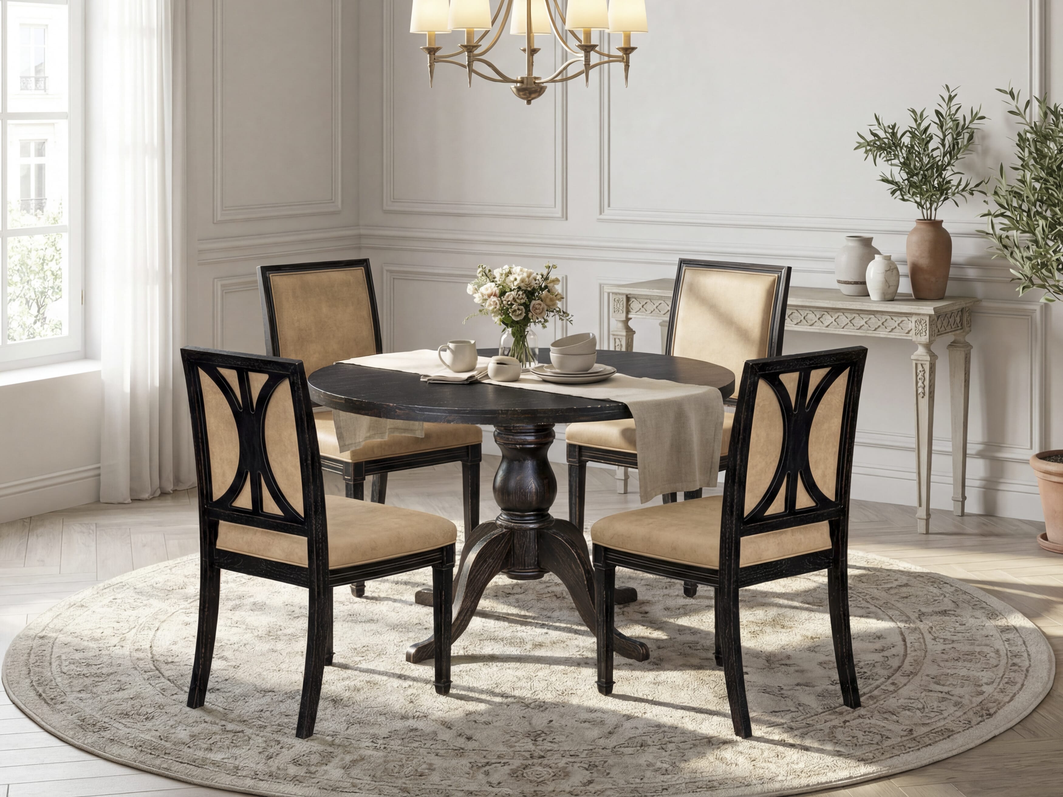 Luxe by East West Furniture I6AM5-411-28 5-Piece Kitchen Table Set with Polyester 4 Beige upholstered chairs, High Back, and A Wooden Table in Sand Blasting Black Finish.