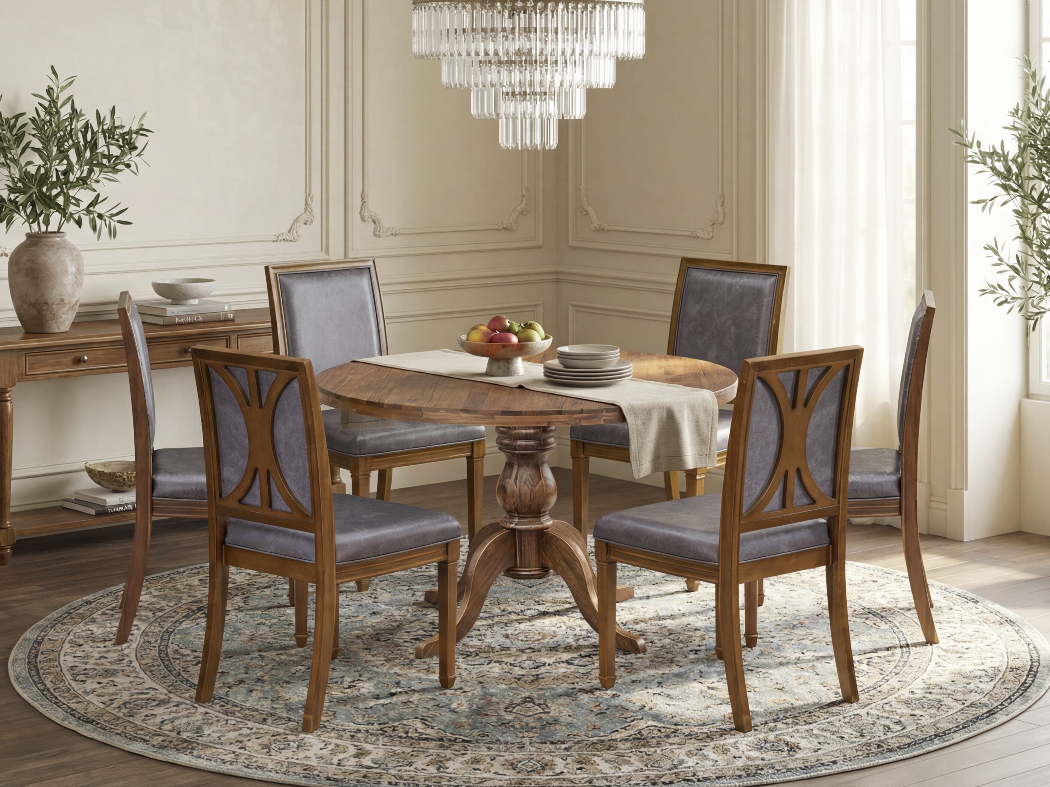 Luxe by East West Furniture - I6AM7-40N-34 7-Piece Kitchen dining table set consists of a Round Dining table and 6 Dark Grey Faux Leather Chairs with stylish Back, Antique Walnut Finish.