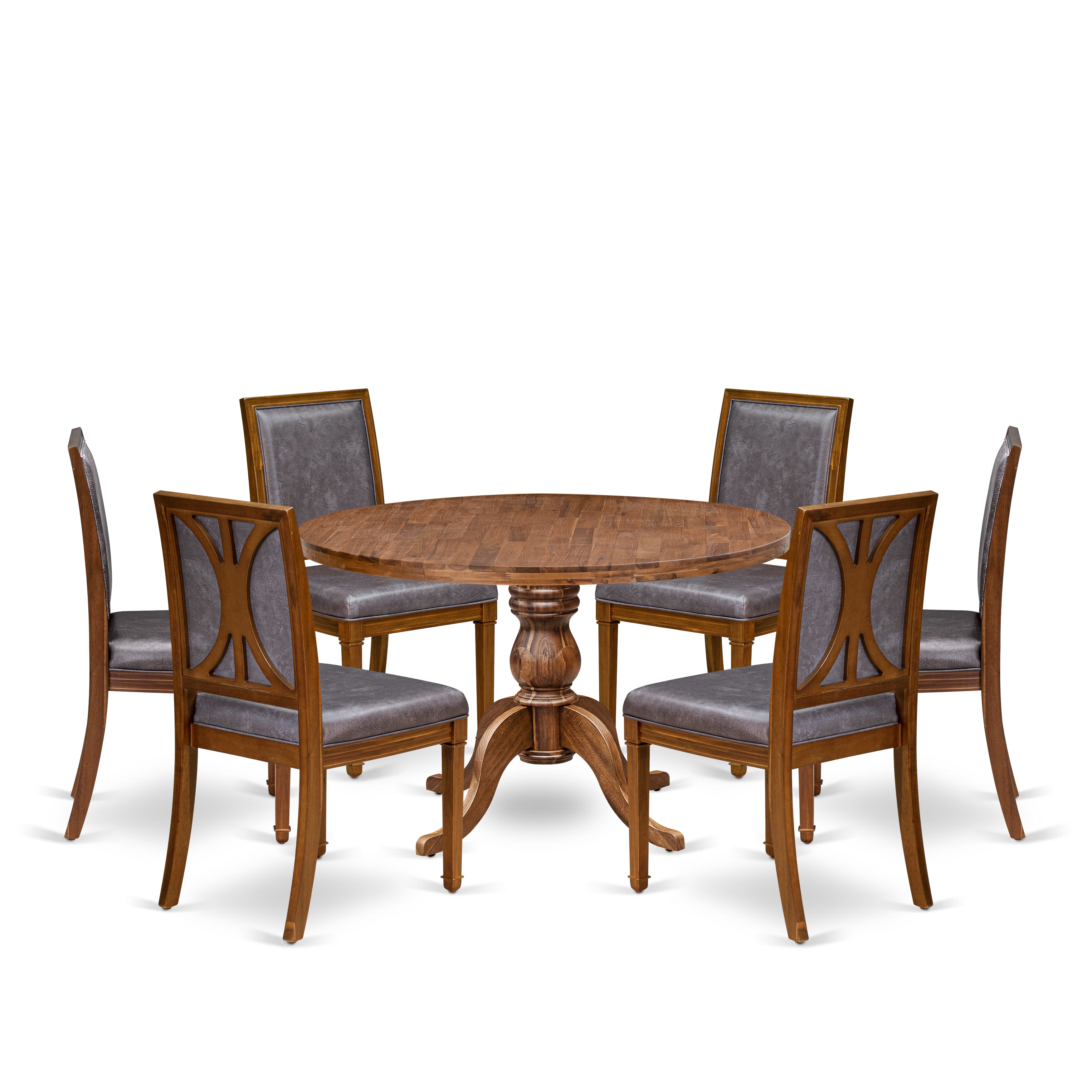 Luxe by East West Furniture - I6AM7-40N-34 7-Piece Kitchen dining table set consists of a Round Dining table and 6 Dark Grey Faux Leather Chairs with stylish Back, Antique Walnut Finish.