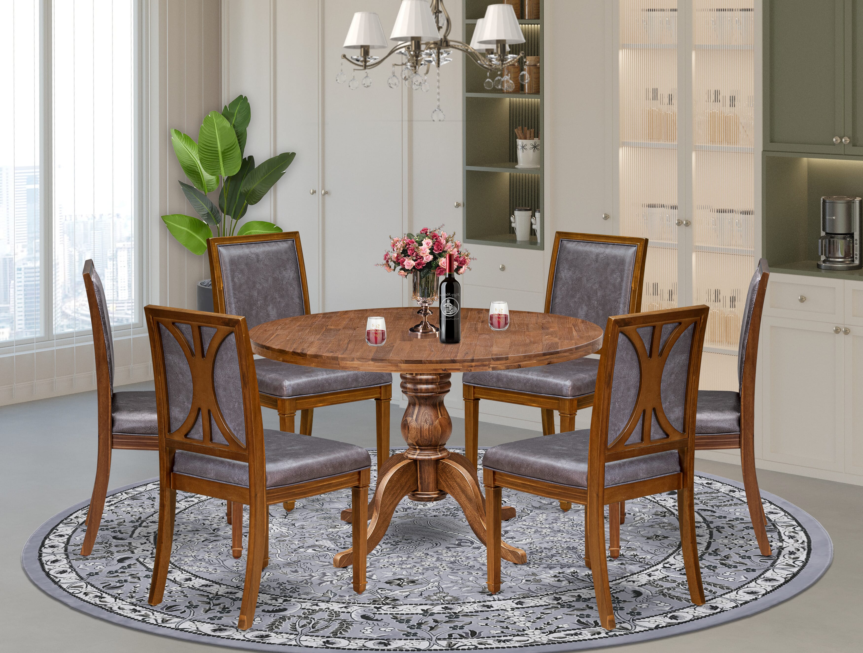 Luxe by East West Furniture - I6AM7-40N-34 7-Piece Kitchen dining table set consists of a Round Dining table and 6 Dark Grey Faux Leather Chairs with stylish Back, Antique Walnut Finish.