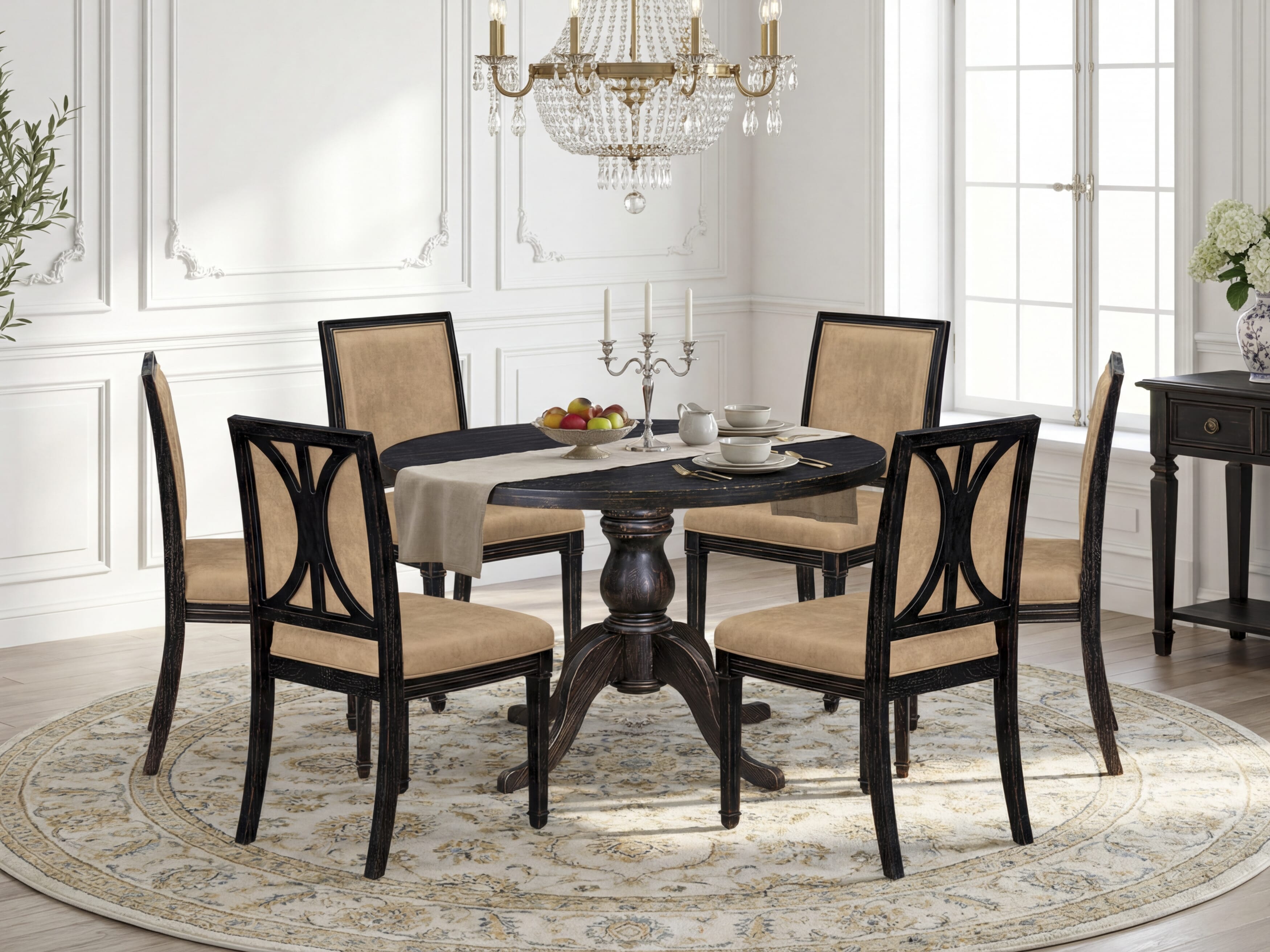 Luxe by East West Furniture I6AM7-411-28 7-Piece Kitchen Table Set with Polyester 6 Beige kitchen chairs, High Back, and A Round Dining Table in Sand Blasting Black Finish.