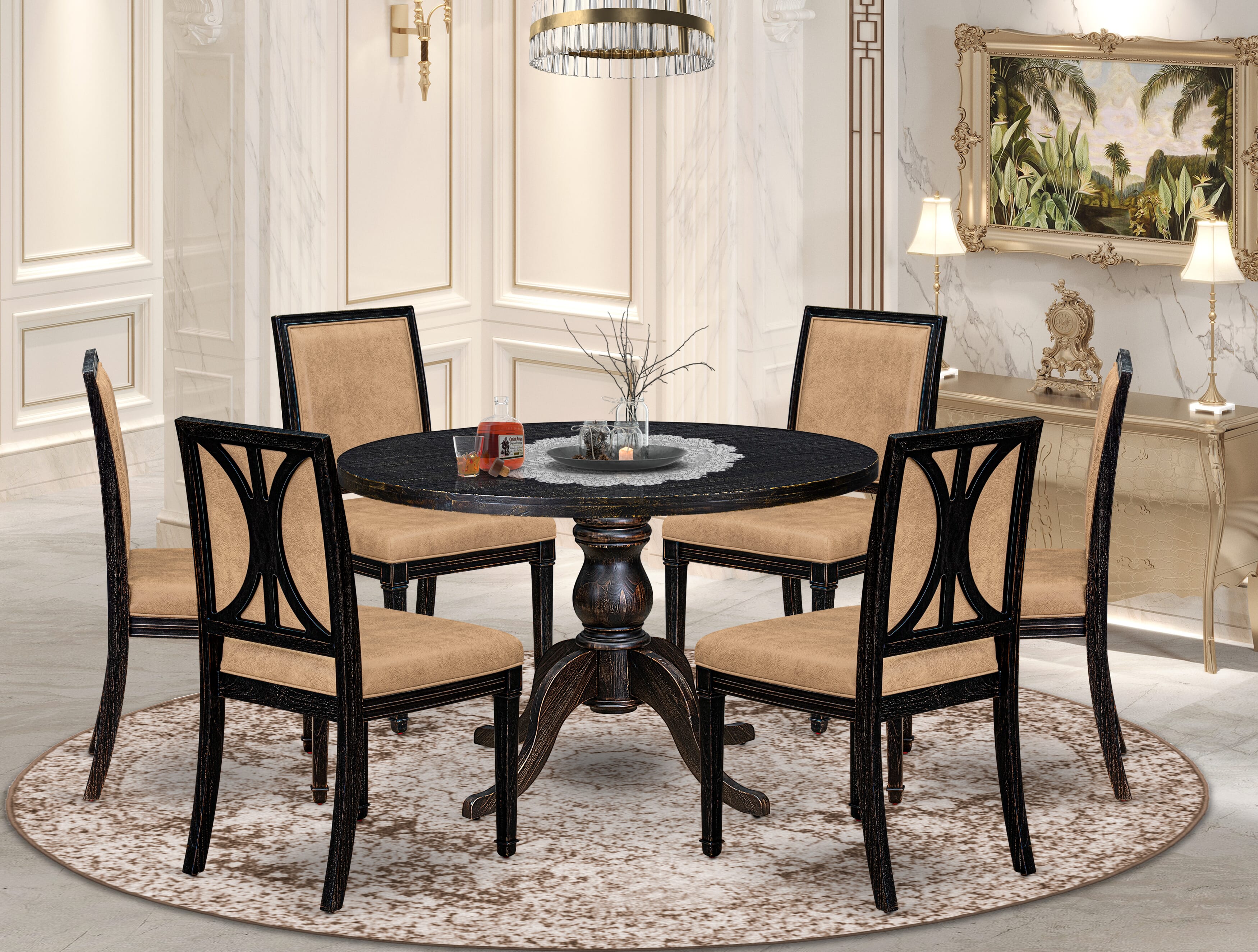 Luxe by East West Furniture I6AM7-411-28 7-Piece Kitchen Table Set with Polyester 6 Beige kitchen chairs, High Back, and A Round Dining Table in Sand Blasting Black Finish.