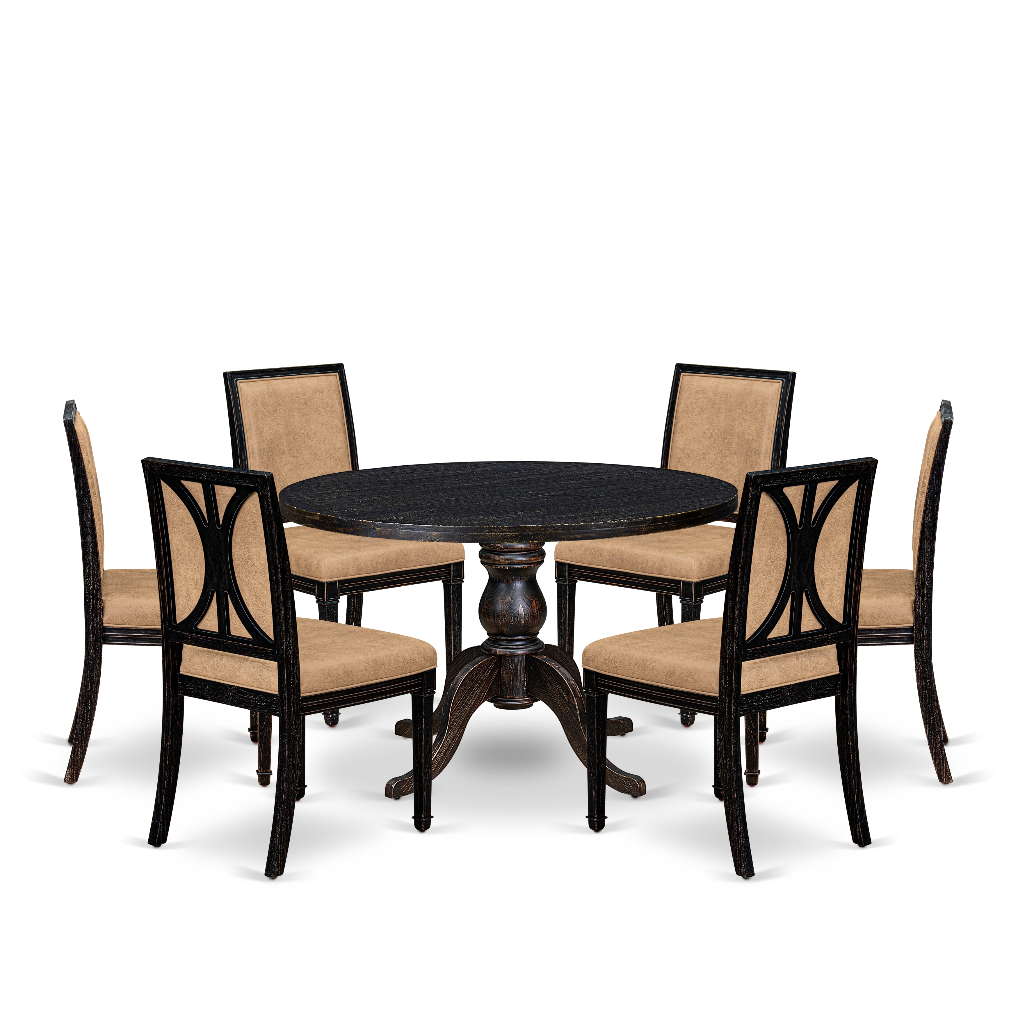 Luxe by East West Furniture I6AM7-411-28 7-Piece Kitchen Table Set with Polyester 6 Beige kitchen chairs, High Back, and A Round Dining Table in Sand Blasting Black Finish.