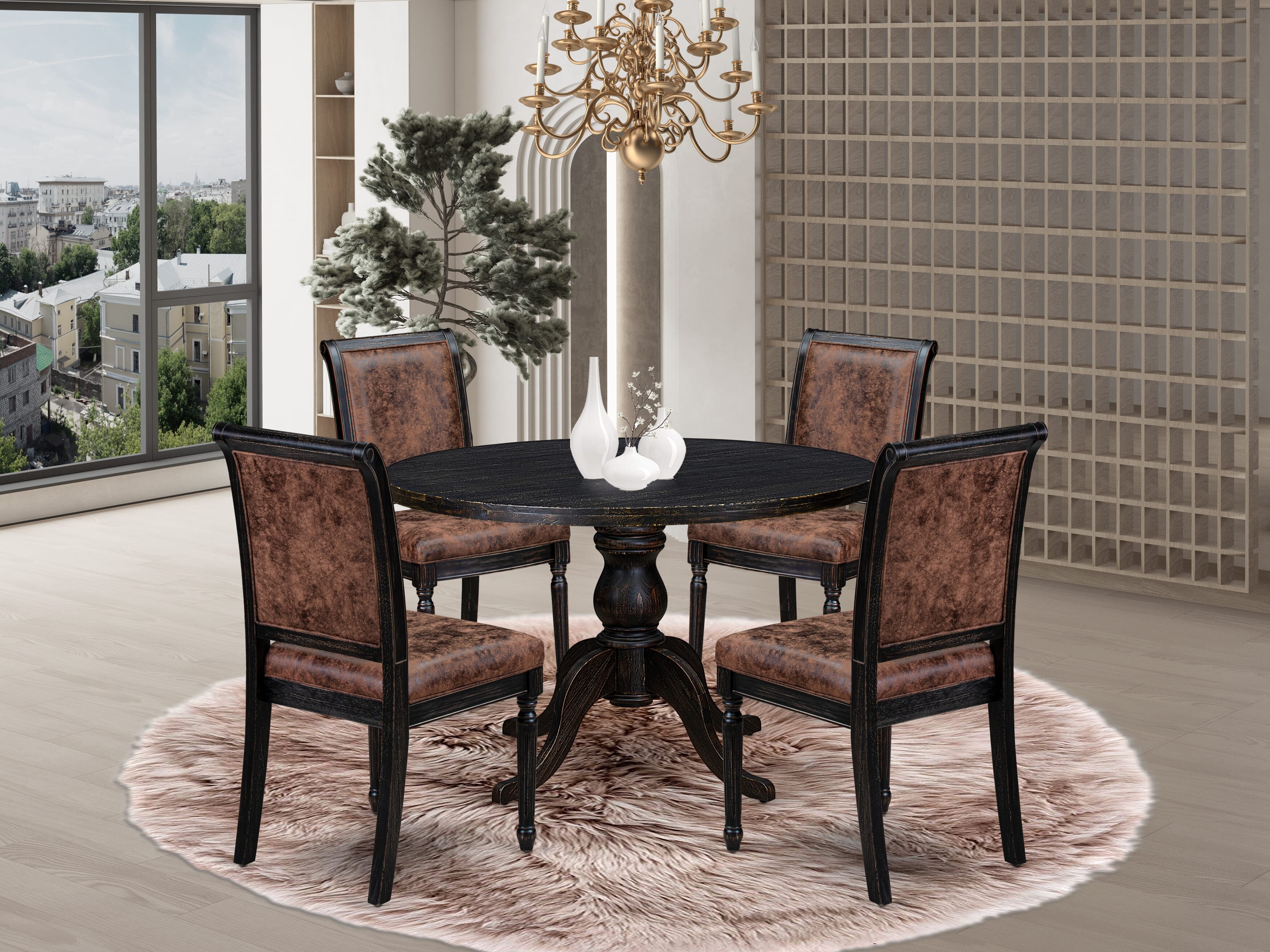 Luxe by East West Furniture I6CY5-411-33 5-Piece Dining Set with Polyester 4 Brown Textured dining chairs, High Back, and A Breakfast Table in Sand Blasting Black Finish.