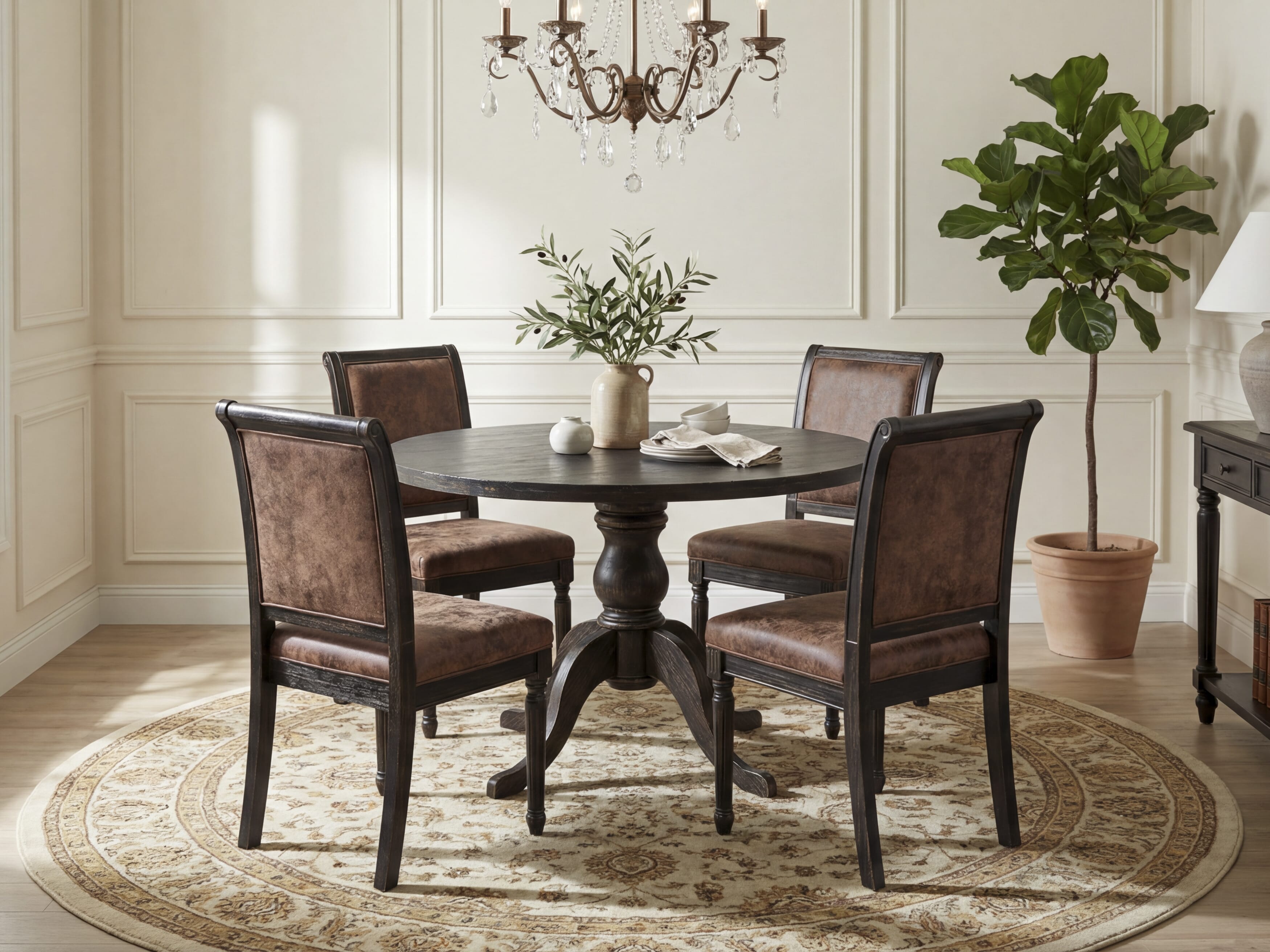 Luxe by East West Furniture I6CY5-411-33 5-Piece Dining Set with Polyester 4 Brown Textured dining chairs, High Back, and A Breakfast Table in Sand Blasting Black Finish.