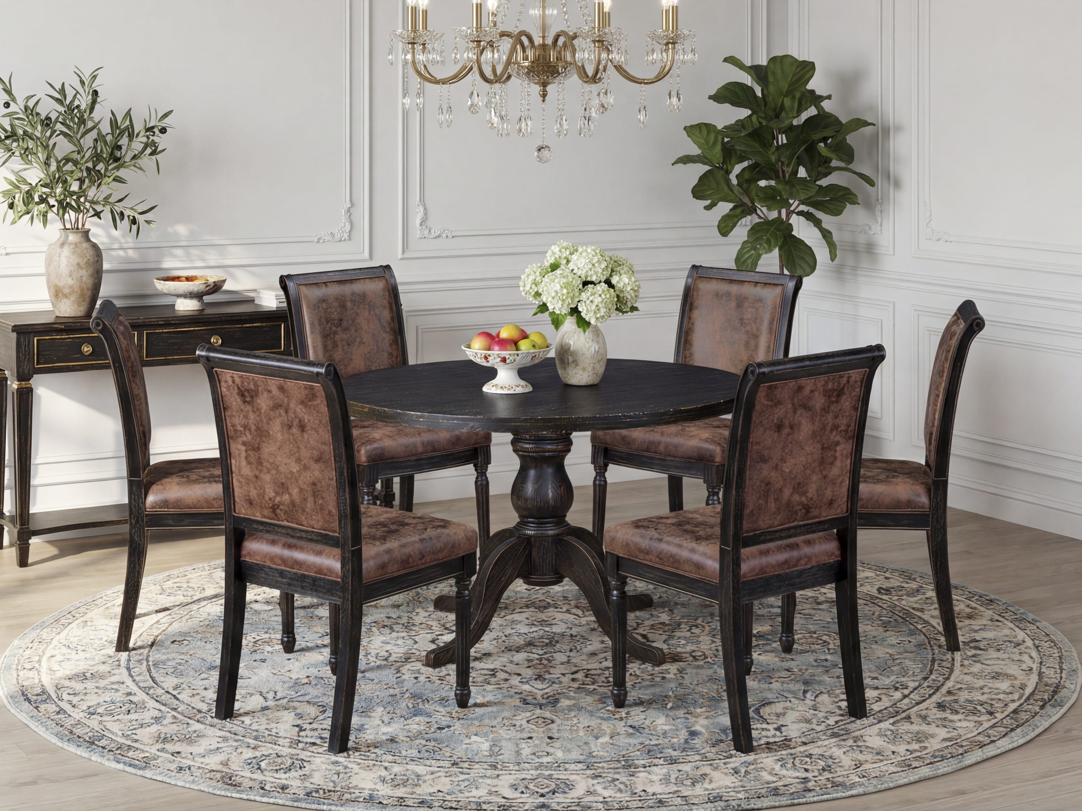 Luxe by East West Furniture I6CY7-411-33 7-Piece Kitchen Set with Polyester 6 Brown Textured dining room chairs, High Back, and A Modern Kitchen Table in Sand Blasting Black Finish.