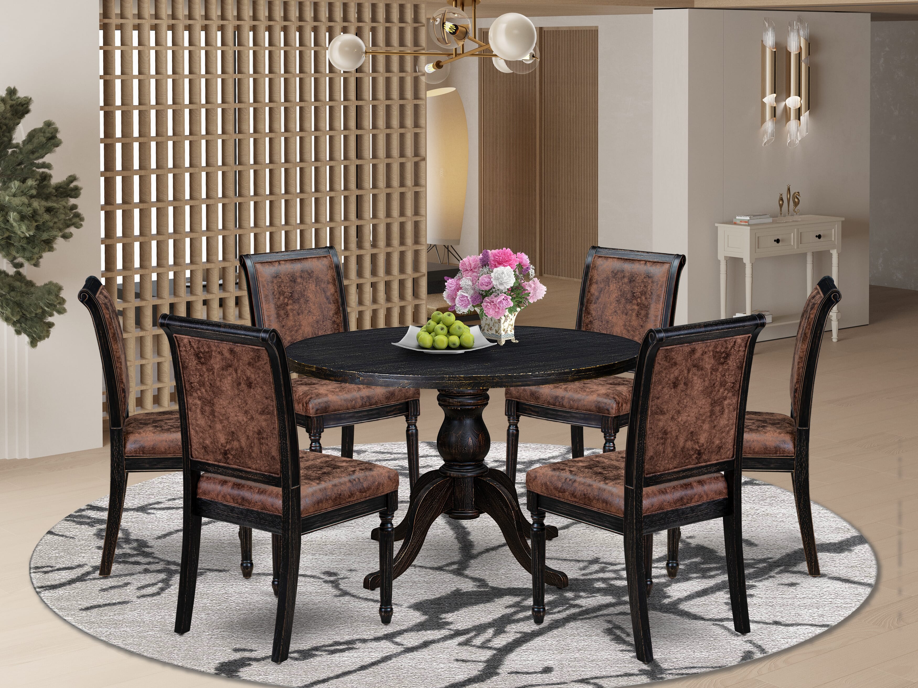 Luxe by East West Furniture I6CY7-411-33 7-Piece Kitchen Set with Polyester 6 Brown Textured dining room chairs, High Back, and A Modern Kitchen Table in Sand Blasting Black Finish.