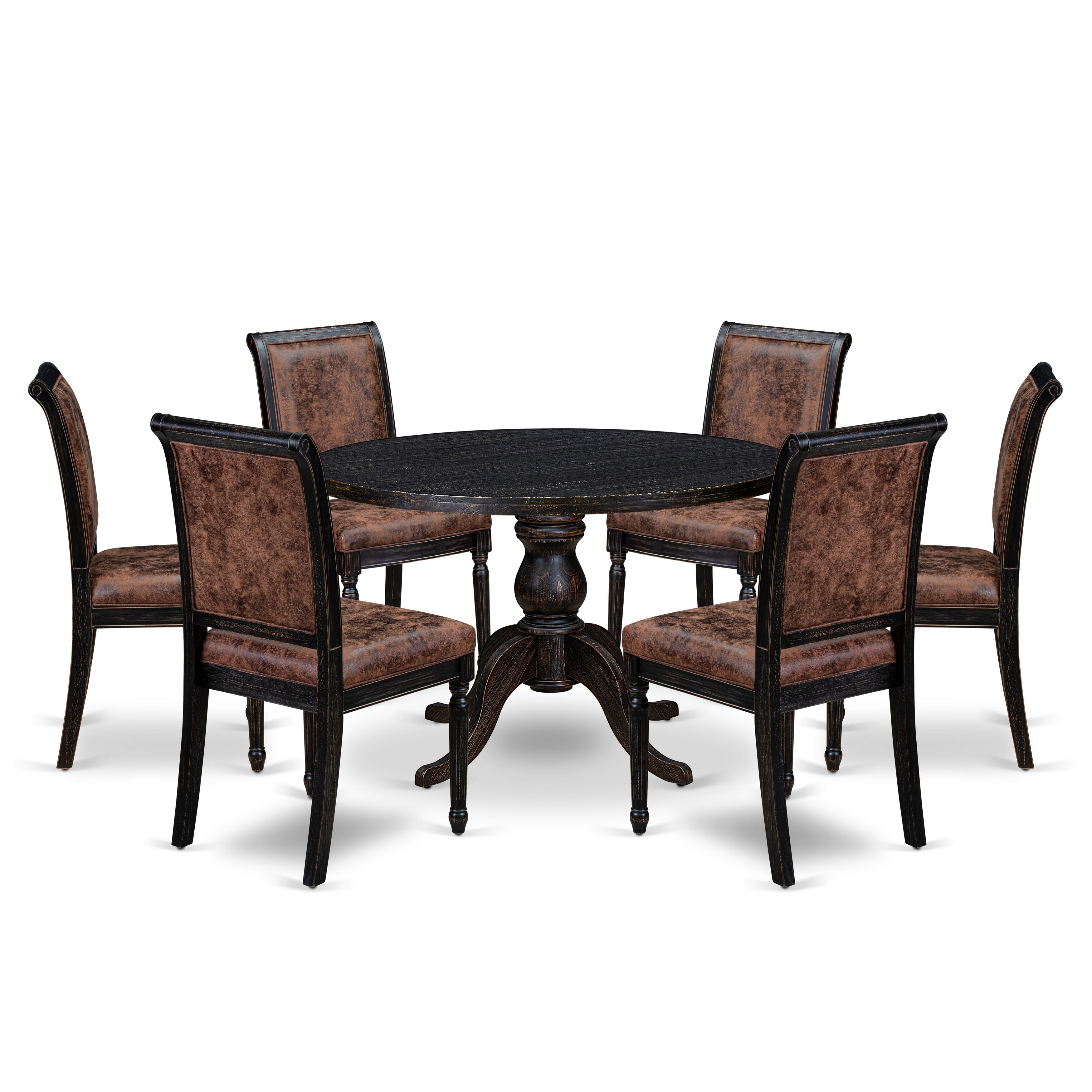 Luxe by East West Furniture I6CY7-411-33 7-Piece Kitchen Set with Polyester 6 Brown Textured dining room chairs, High Back, and A Modern Kitchen Table in Sand Blasting Black Finish.
