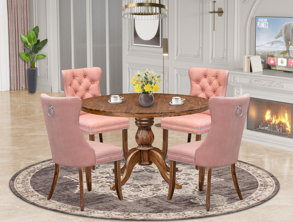 Luxe by East West Furniture I6DA5-40N-23 5-Pc Mid Century Dining Set Consist a Wood Table and 4 Beige Red Faux Leather Padded Chairs with Button-Tufted Back, Antique Walnut