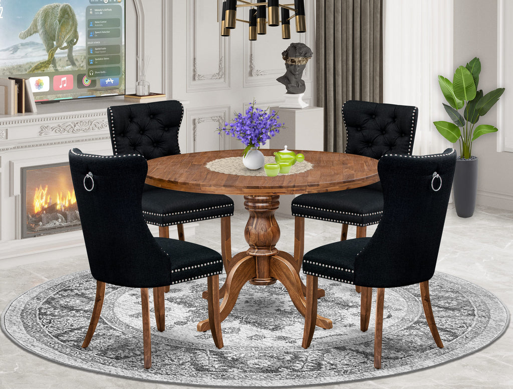 Luxe by East West Furniture I6DA5-40N-24 5-Piece Mid Century Kitchen Set with Linen Fabric 4 Black kitchen chairs, Button-Tufted Backs, and a 48"Round Table in Antique Walnut Finish.
