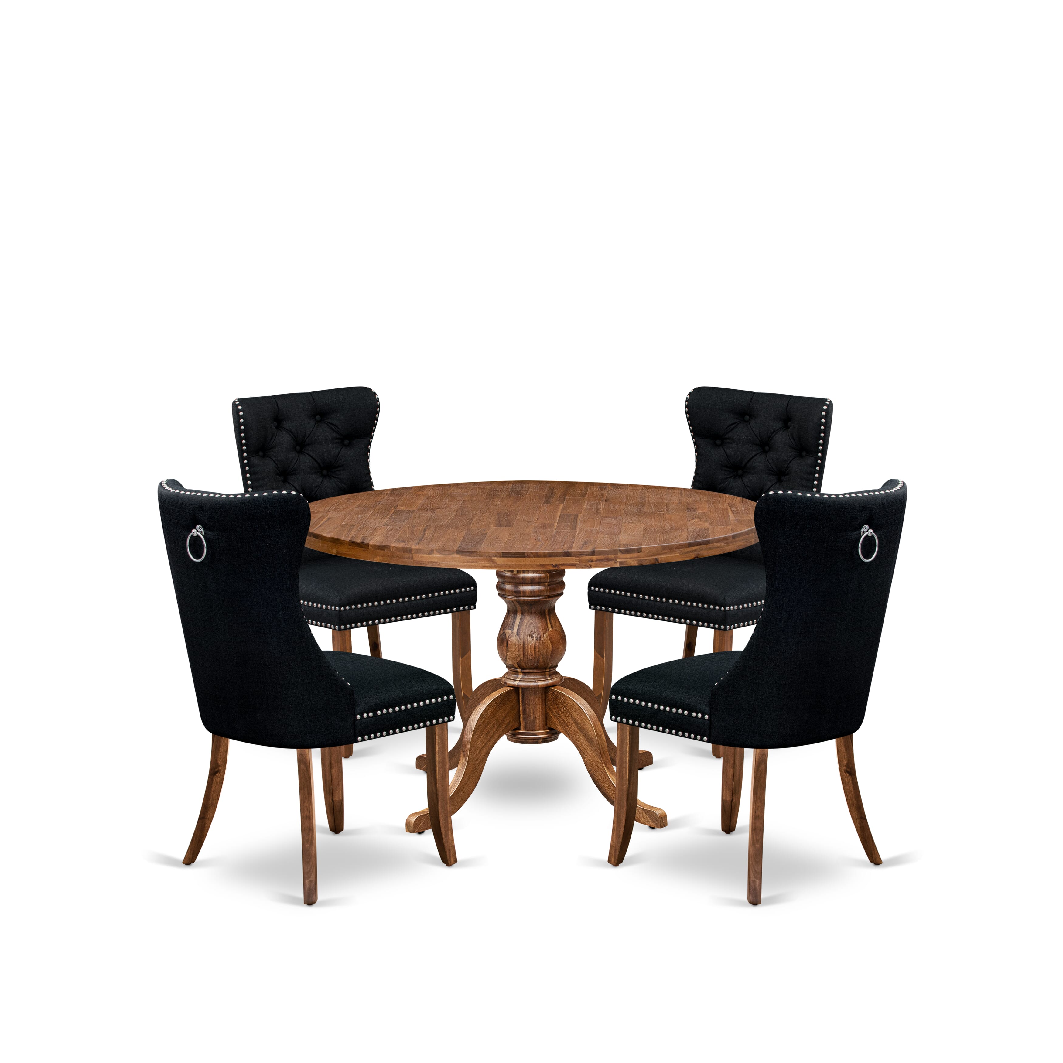 Luxe by East West Furniture I6DA5-40N-24 5-Piece Mid Century Kitchen Set with Linen Fabric 4 Black kitchen chairs, Button-Tufted Backs, and a 48"Round Table in Antique Walnut Finish.