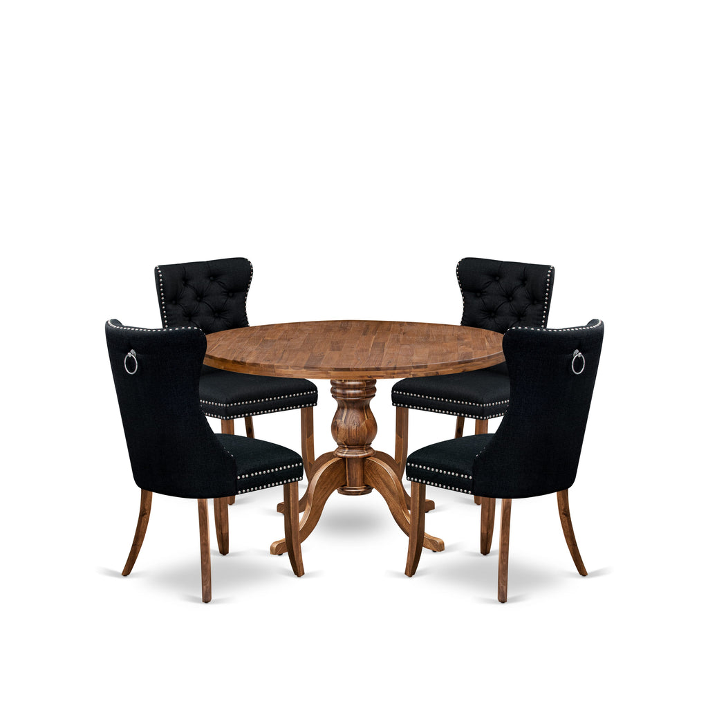 Luxe by East West Furniture I6DA5-40N-24 5-Piece Mid Century Kitchen Set with Linen Fabric 4 Black kitchen chairs, Button-Tufted Backs, and a 48"Round Table in Antique Walnut Finish.